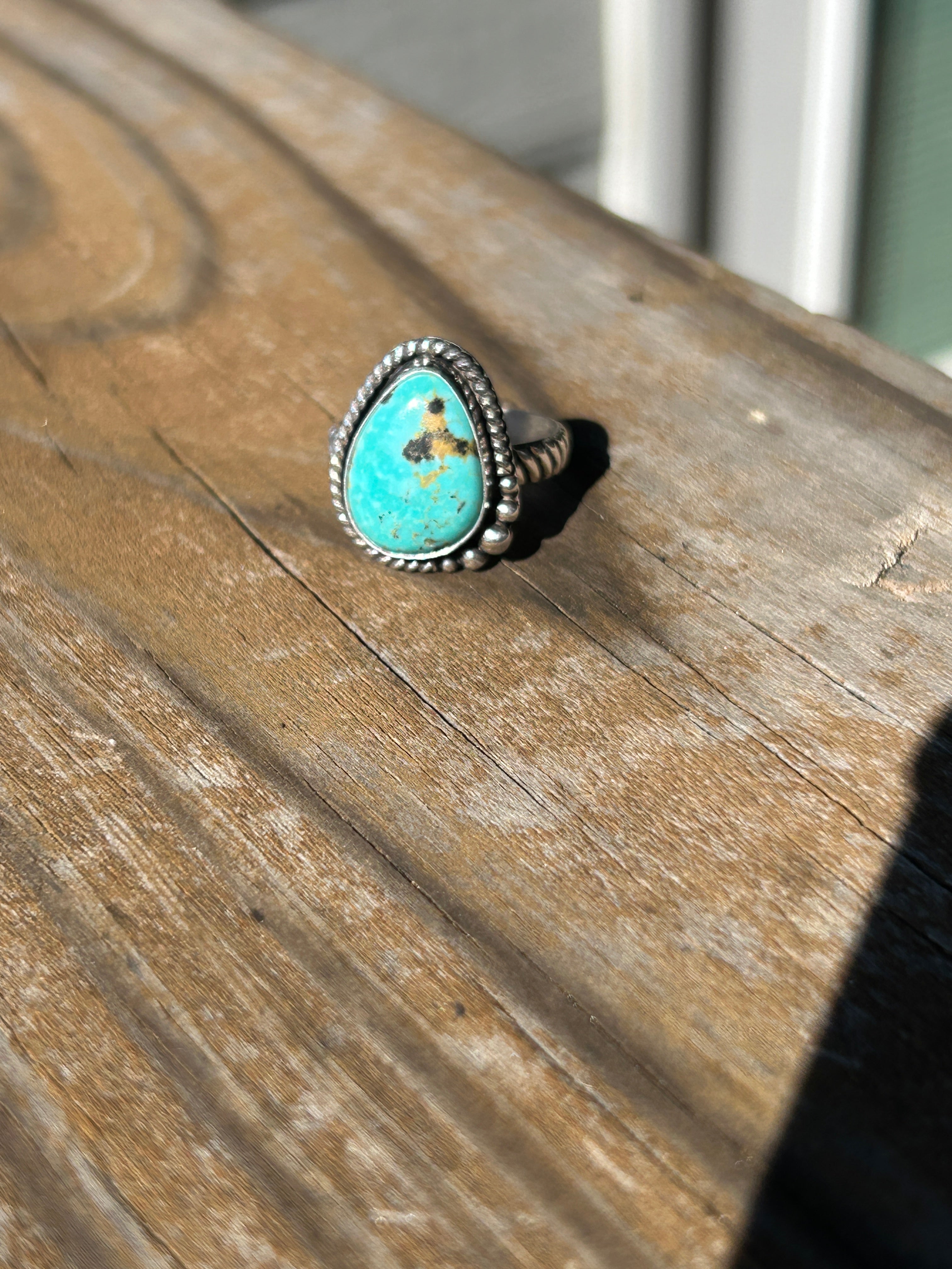 Handmade Sonoran Turquoise Ring, Teardrop Sterling Silver, Size 6.75