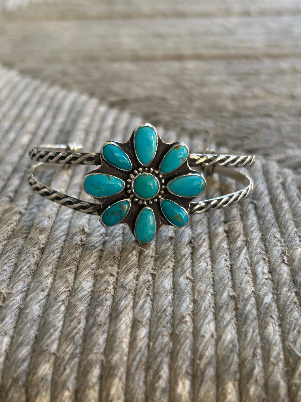 Turquoise and Sterling Silver Flower Cuff