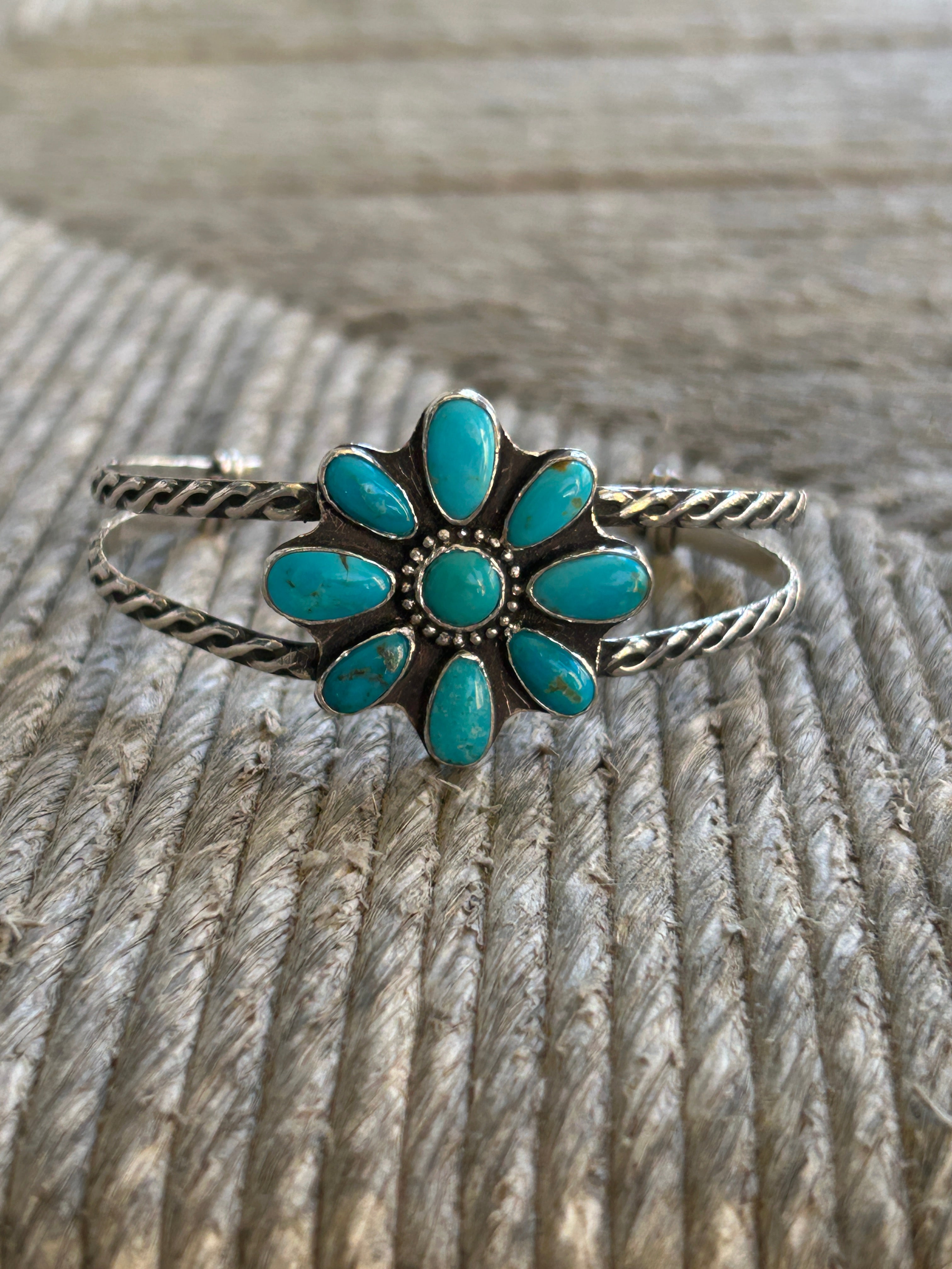 Turquoise and Sterling Silver Flower Cuff