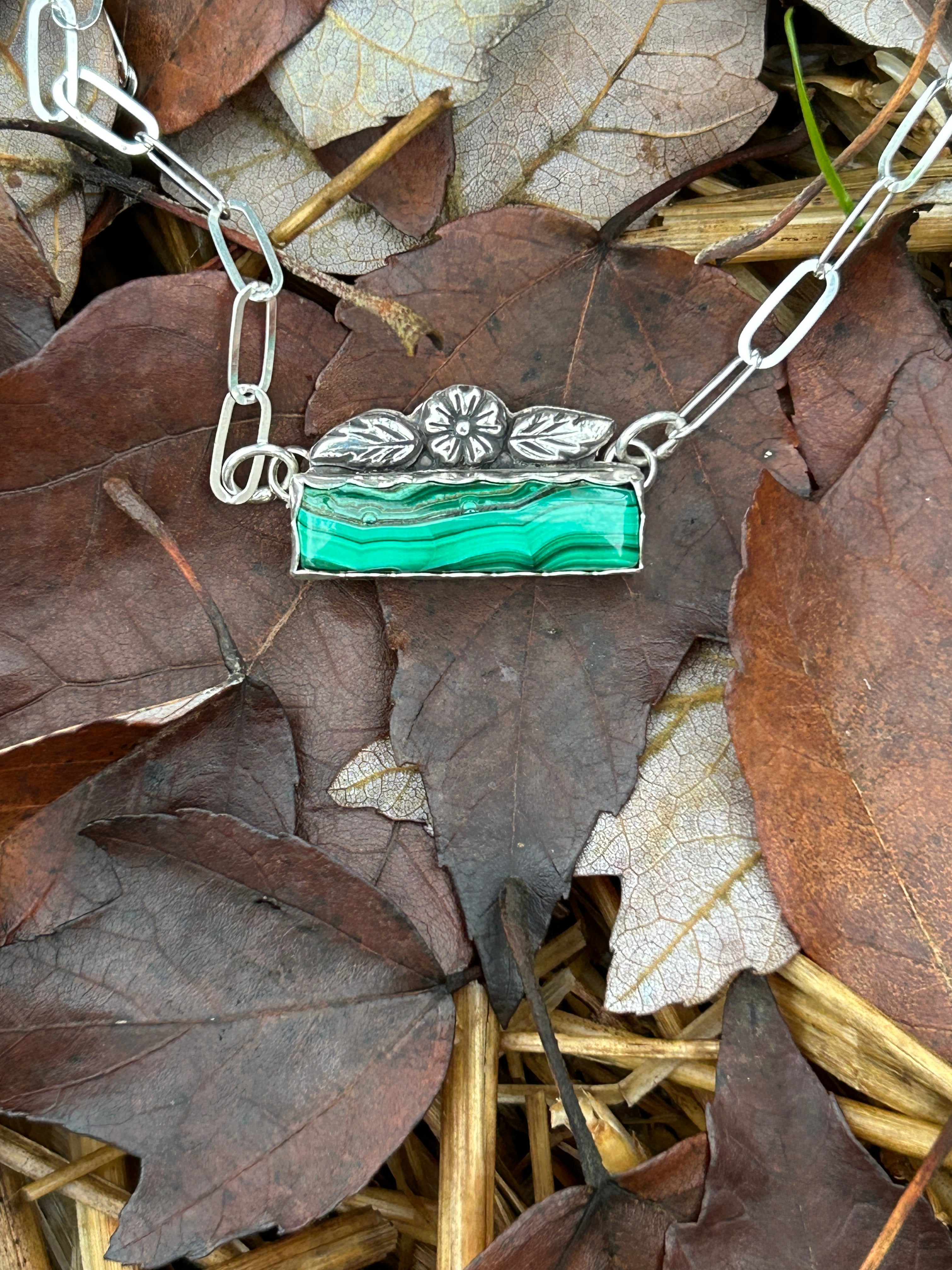 Green Malachite and Sterling Silver Bar Necklace