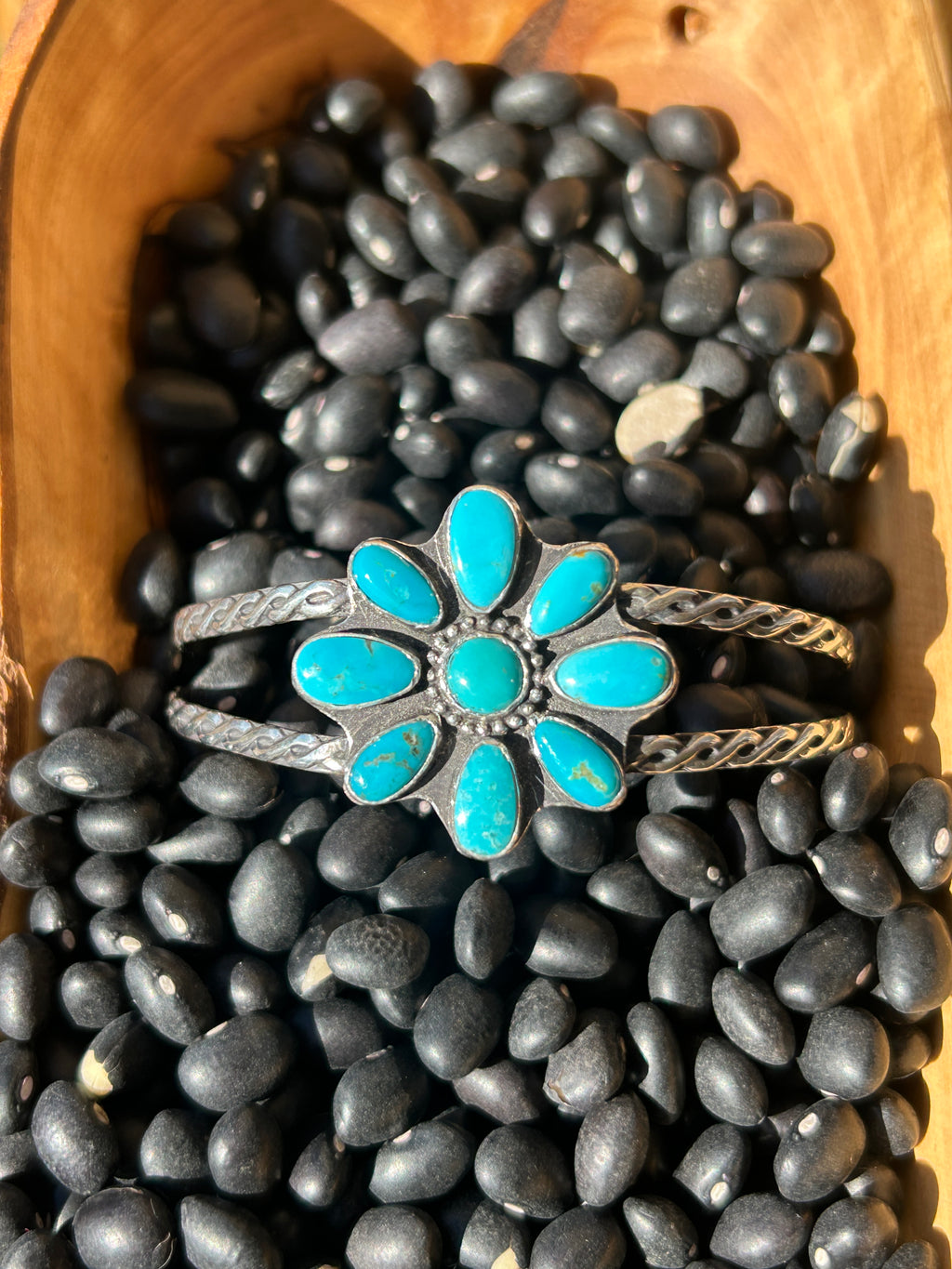 Turquoise and Sterling Silver Flower Cuff