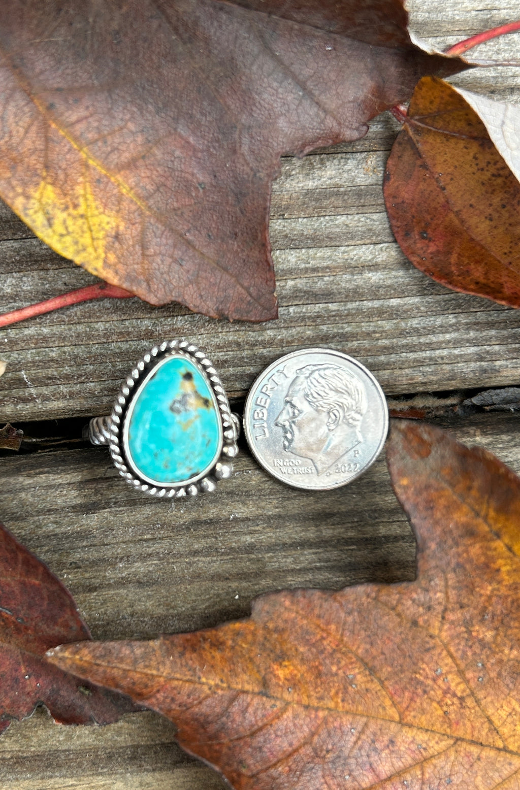 Handmade Sonoran Turquoise Ring, Teardrop Sterling Silver, Size 6.75
