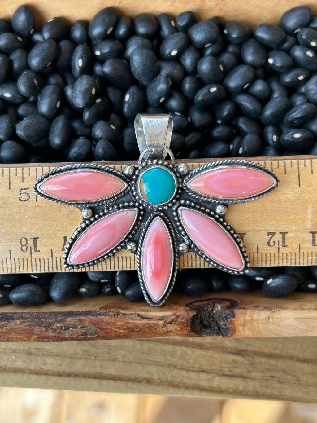 Pink Conch and Turquoise half cluster flower pendant