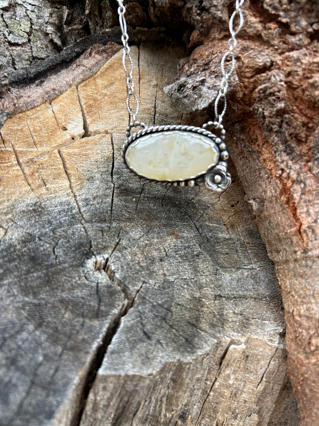 White dendritic opal sterling silver necklace