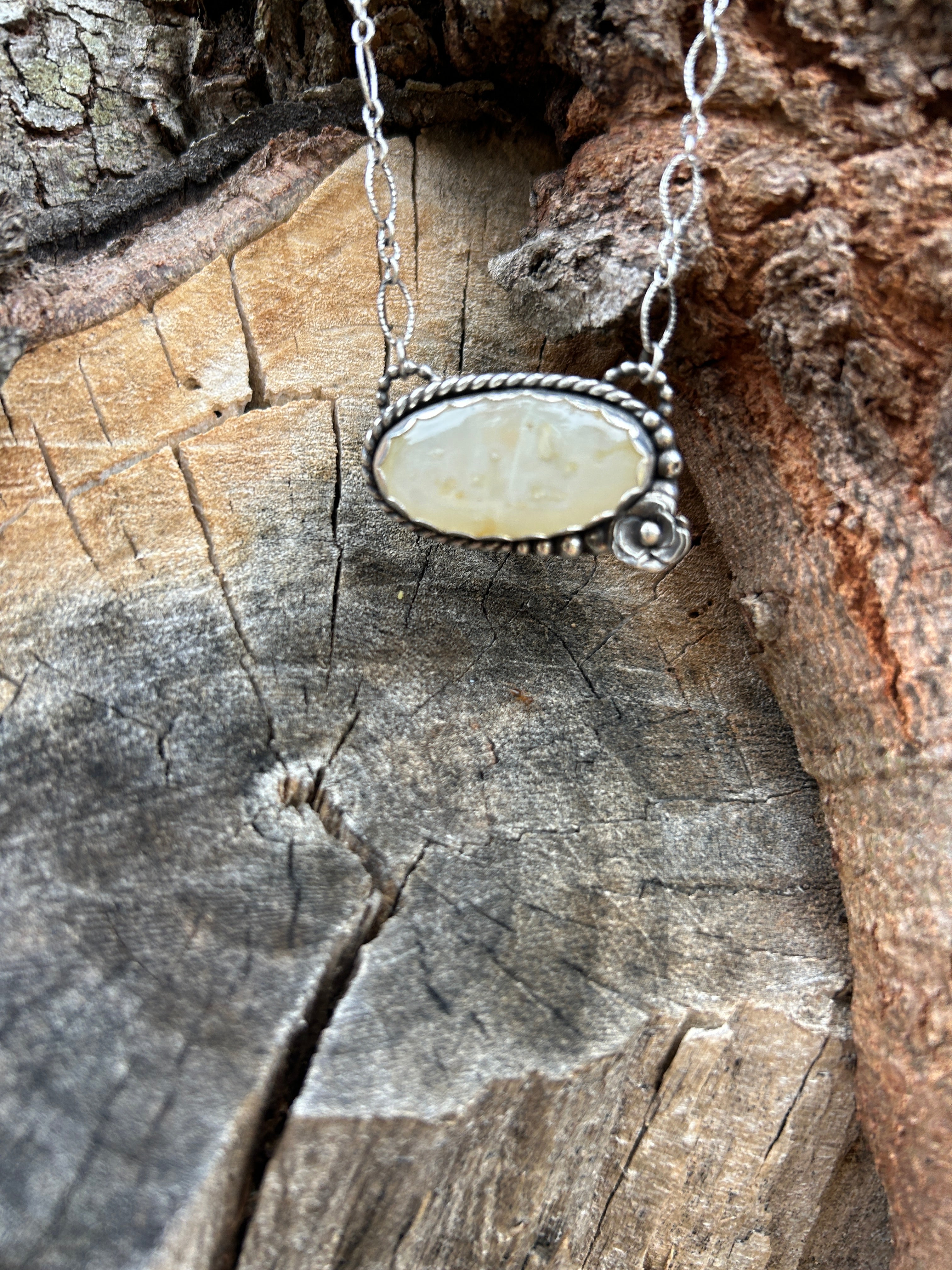 White dendritic opal sterling silver necklace