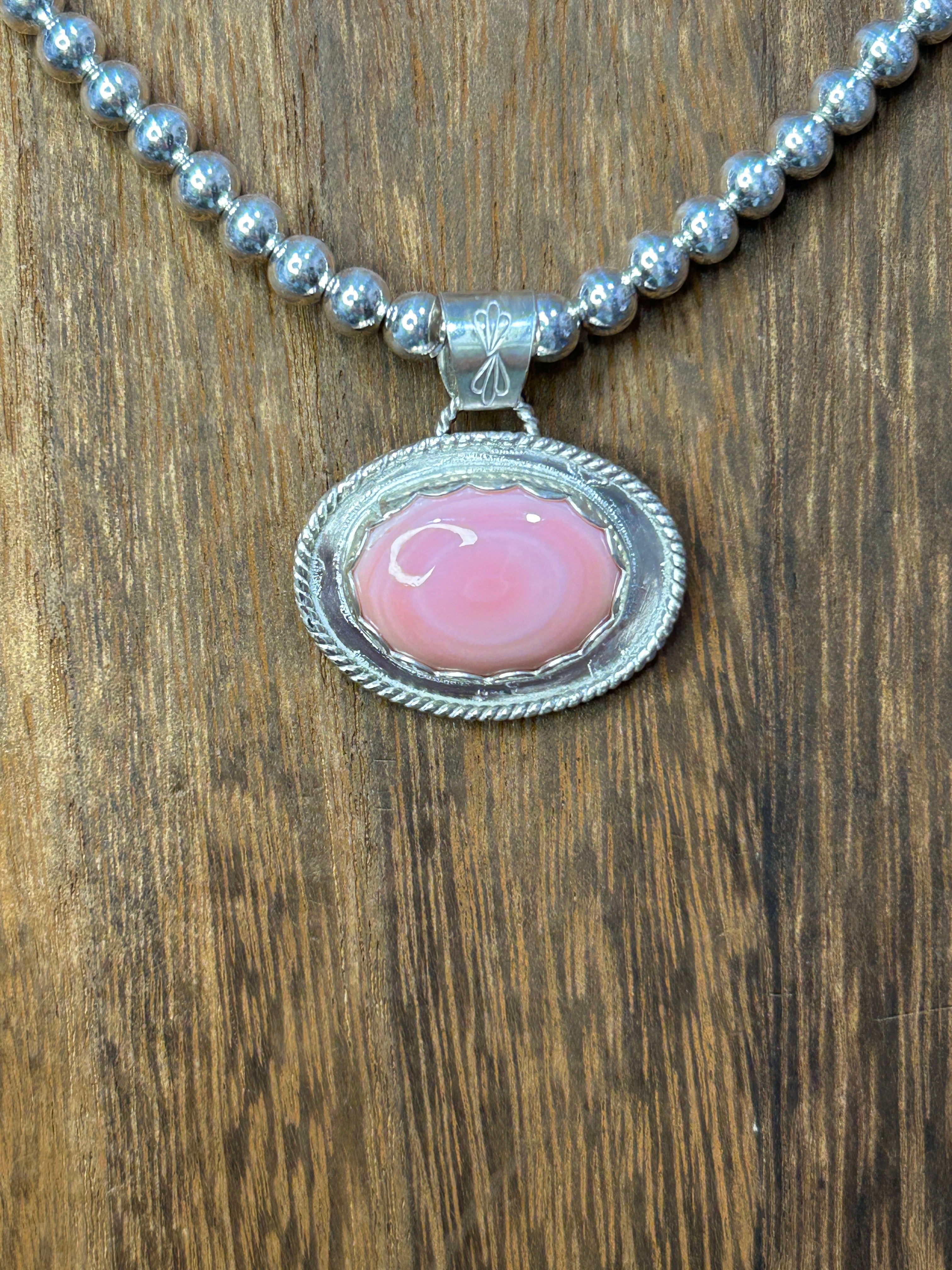 Pink Conch and Sterling Silver Oval Pendant