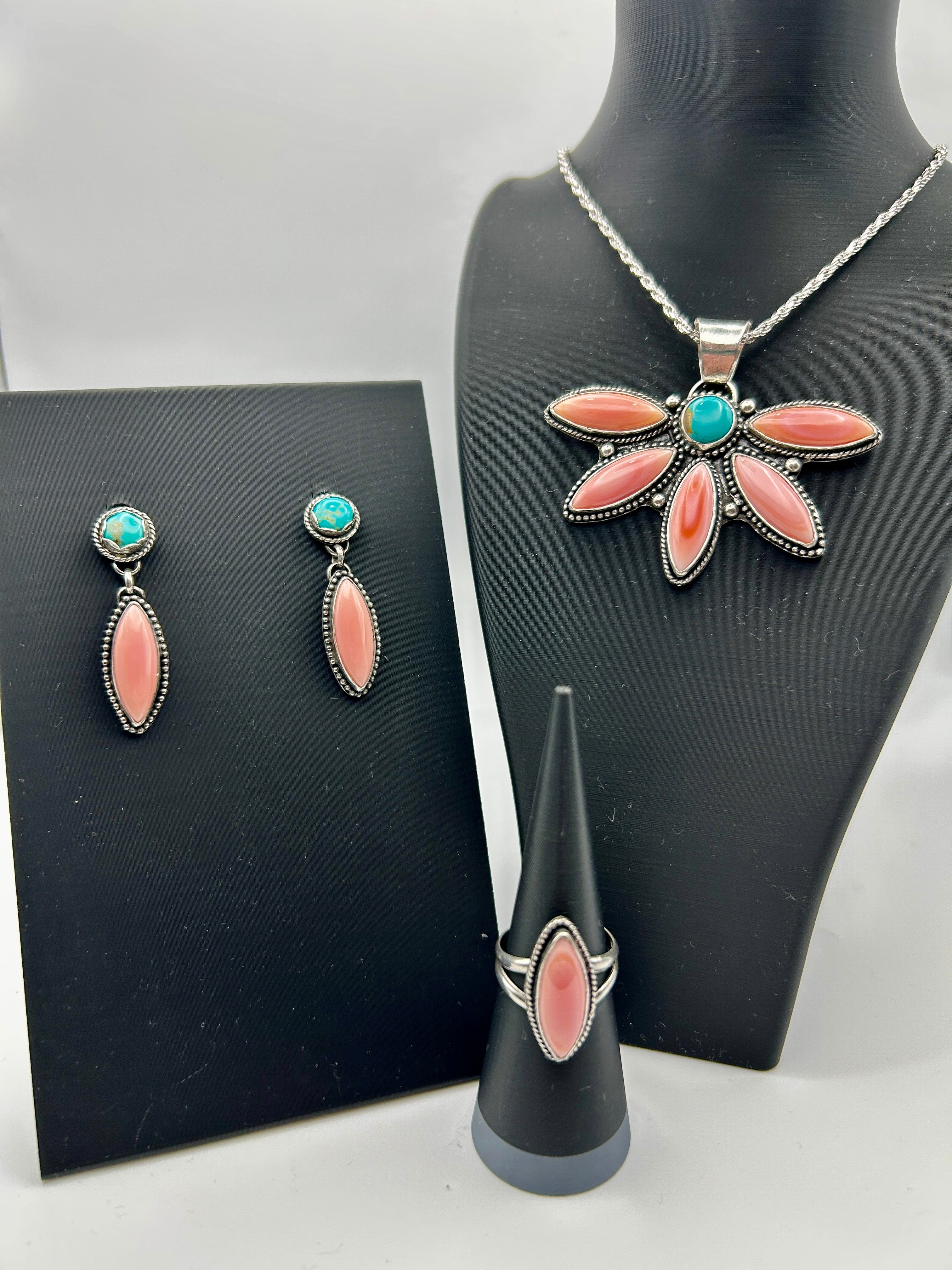 Turquoise and pink conch dangle earrings