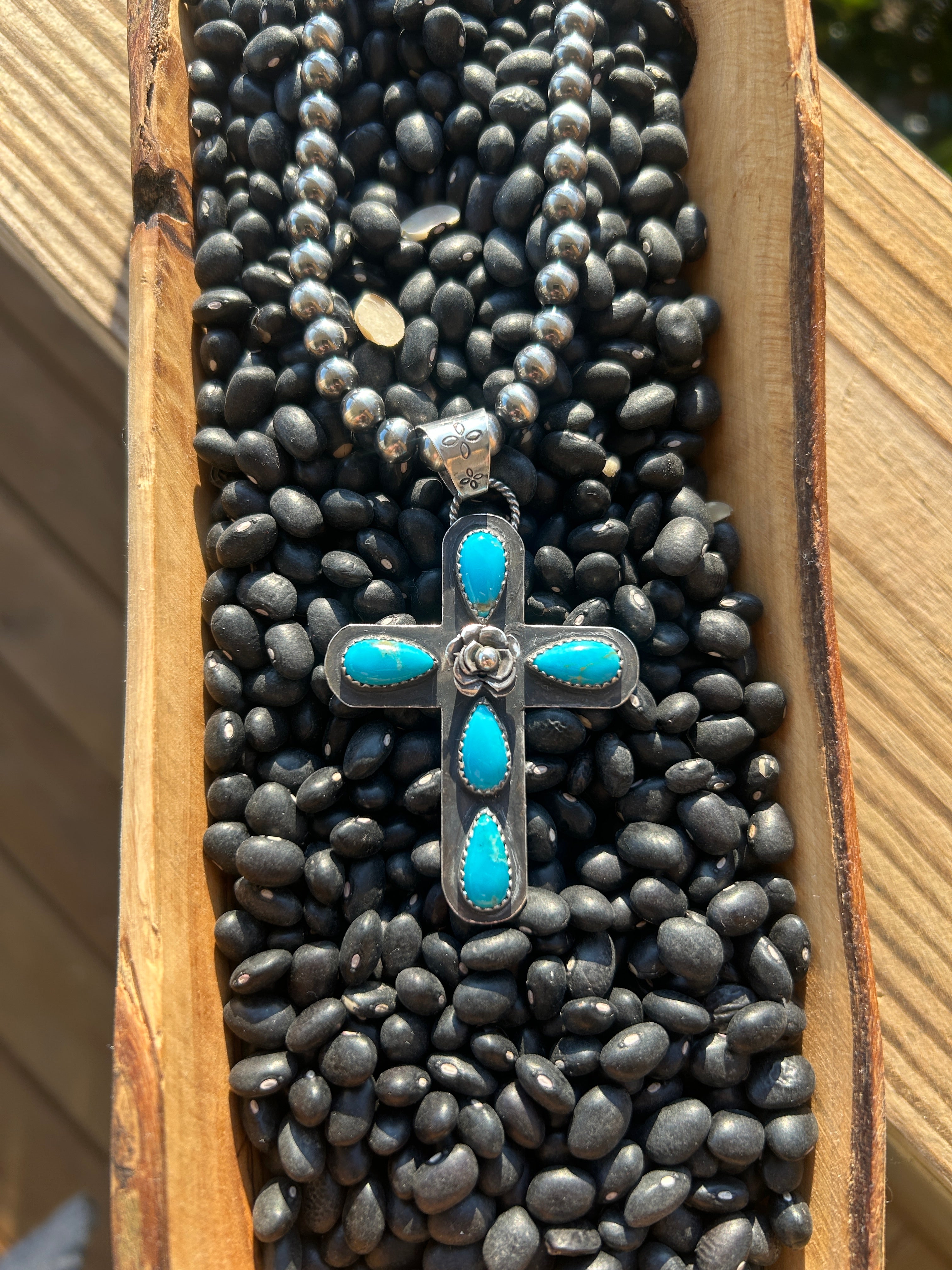 Sterling Silver and Turquoise Cross Pendant with Rustic Rose Detail