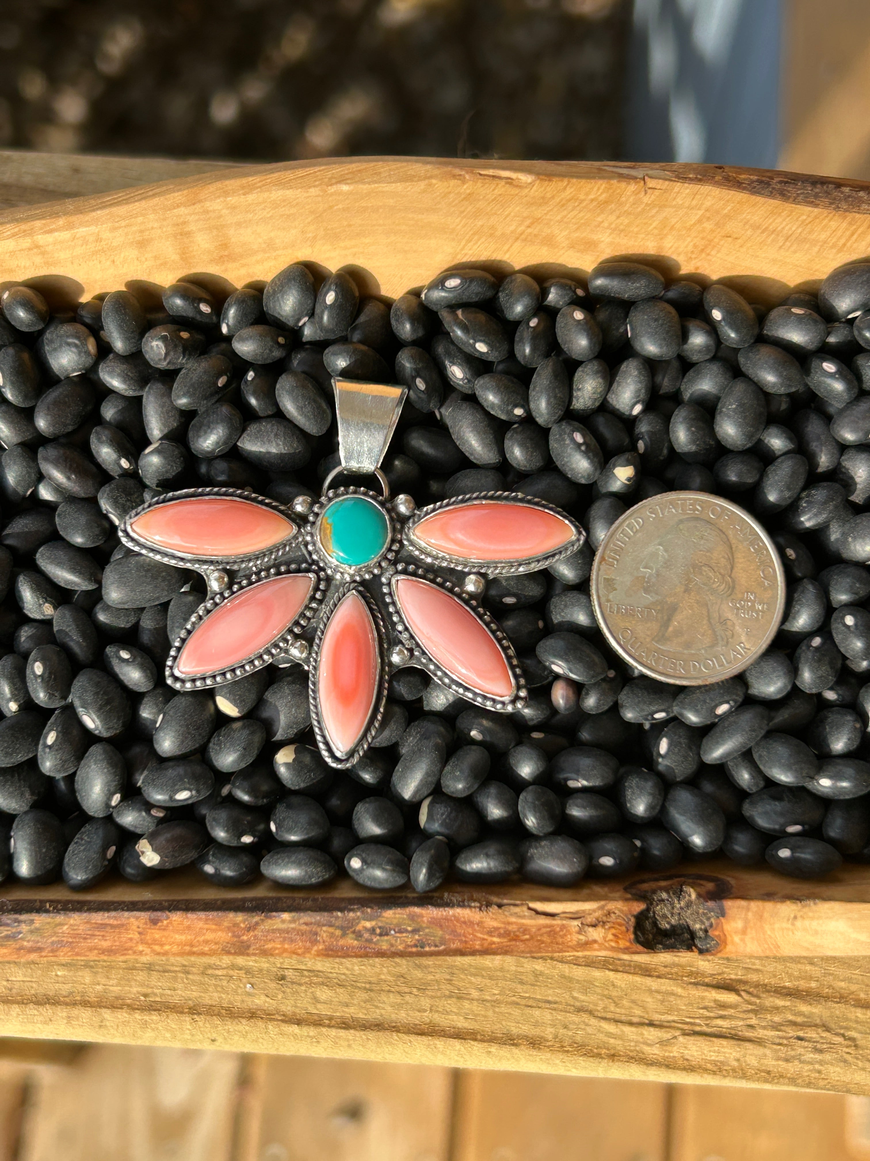 Pink Conch and Turquoise half cluster flower pendant
