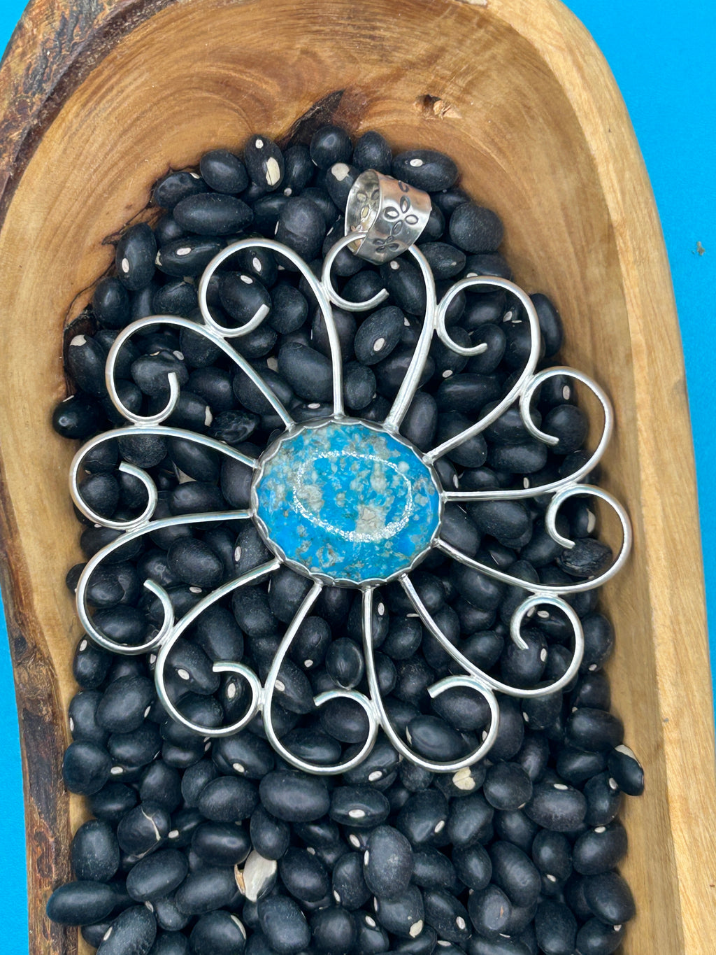 Large Turquoise and Sterling Flower Pendant