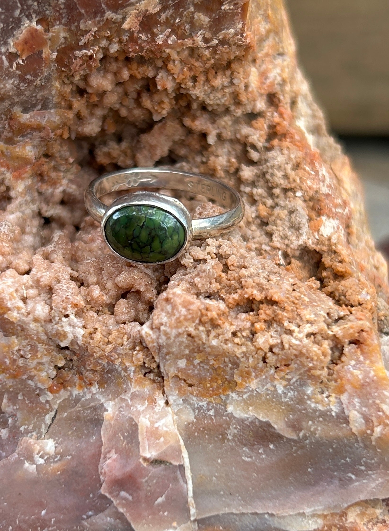 Handmade Moss Green Turquoise Sterling Silver Ring, Size 6.75