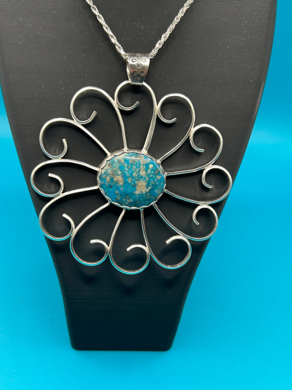 Large Turquoise and Sterling Flower Pendant
