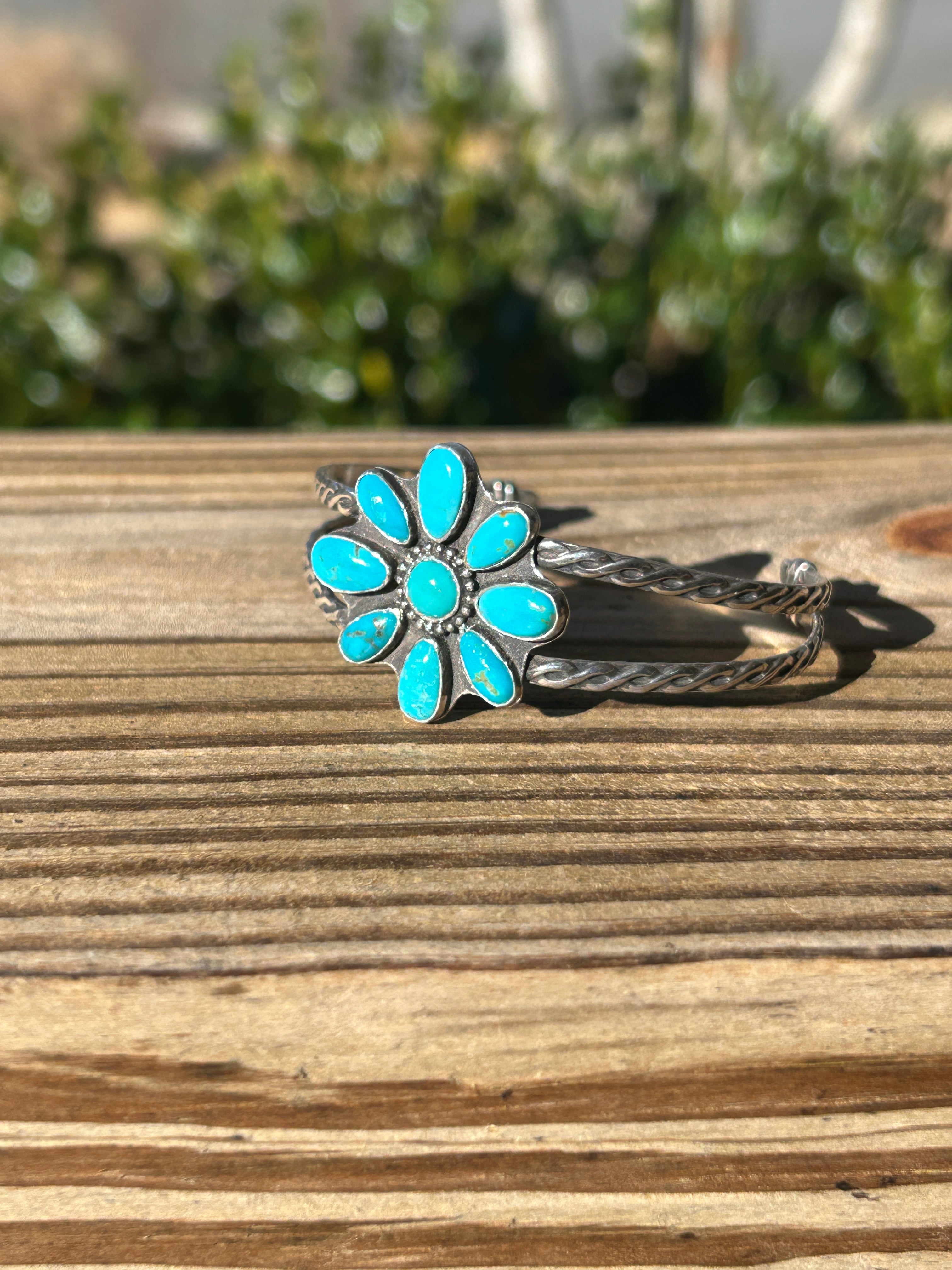 Turquoise and Sterling Silver Flower Cuff