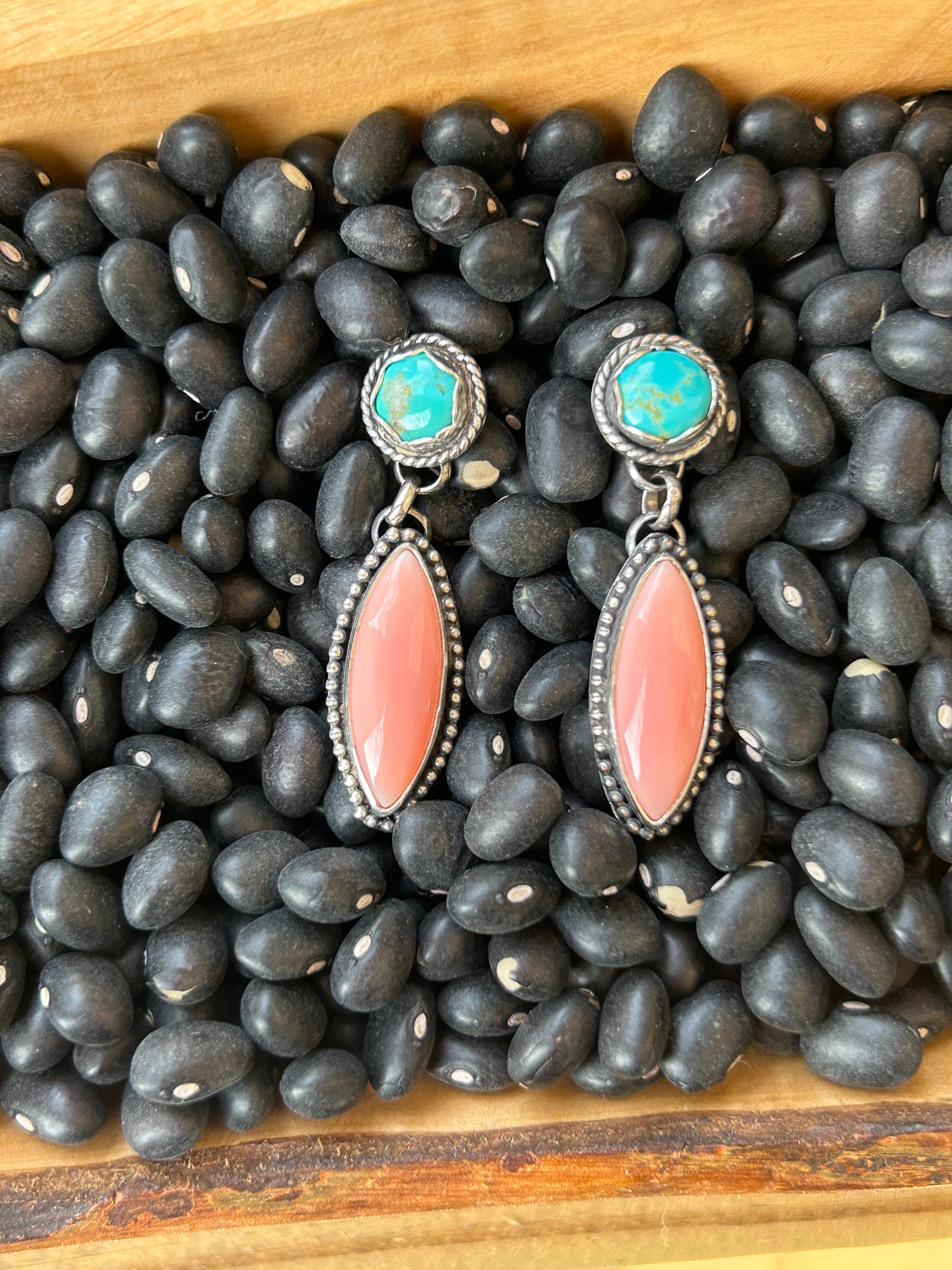 Turquoise and pink conch dangle earrings
