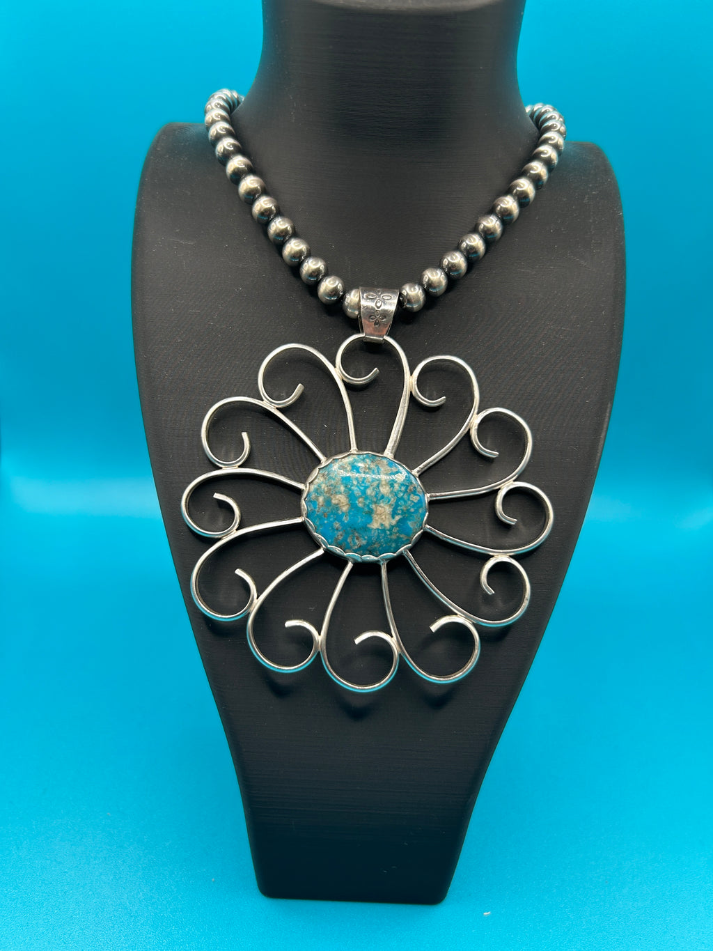 Large Turquoise and Sterling Flower Pendant