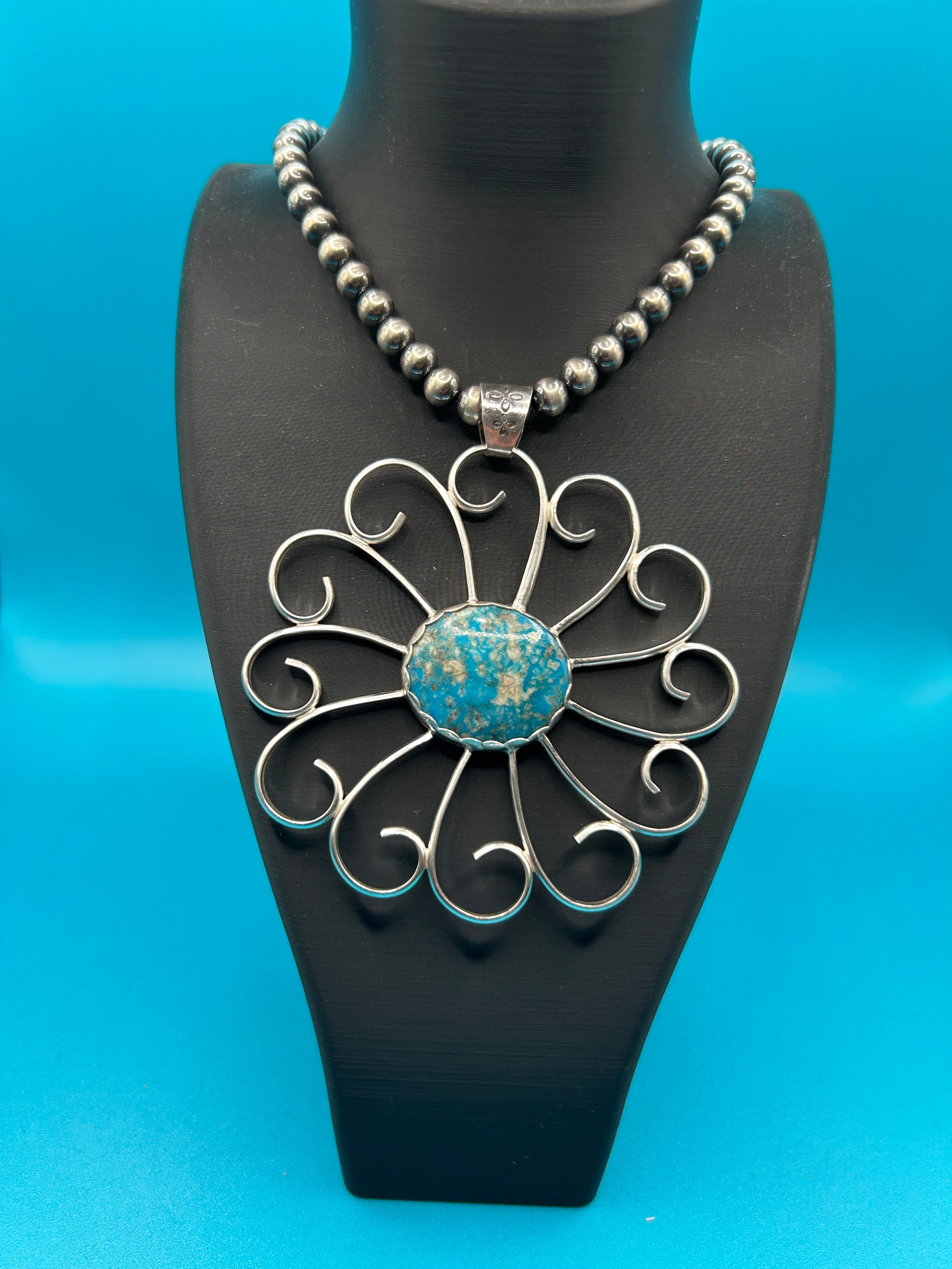 Large Turquoise and Sterling Flower Pendant