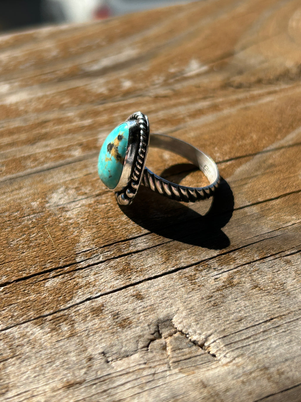 Handmade Sonoran Turquoise Ring, Teardrop Sterling Silver, Size 6.75