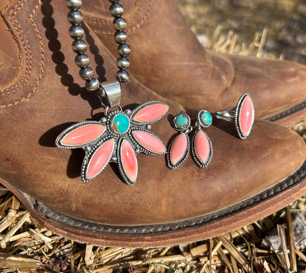 Turquoise and pink conch dangle earrings