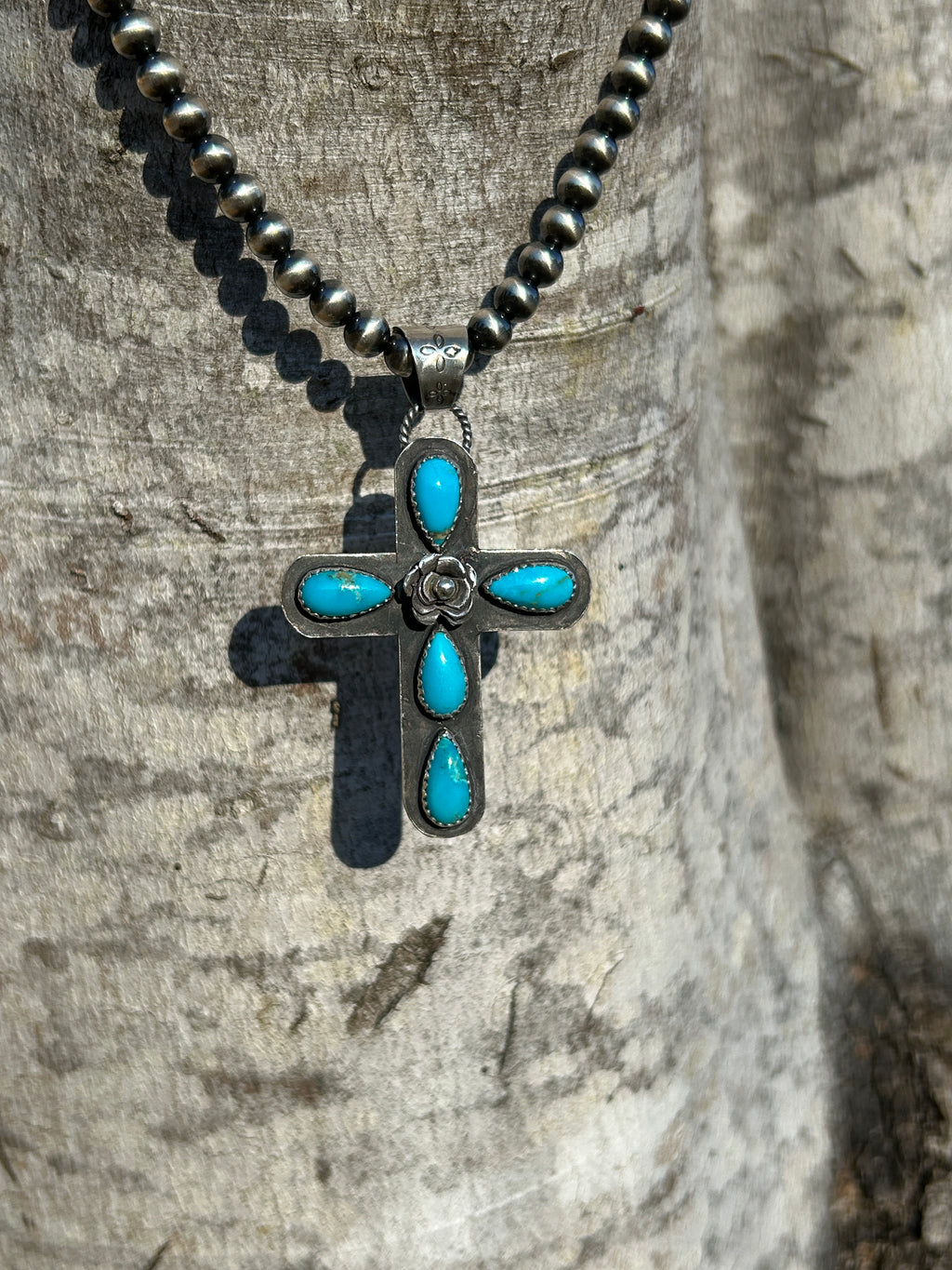 Sterling Silver and Turquoise Cross Pendant with Rustic Rose Detail