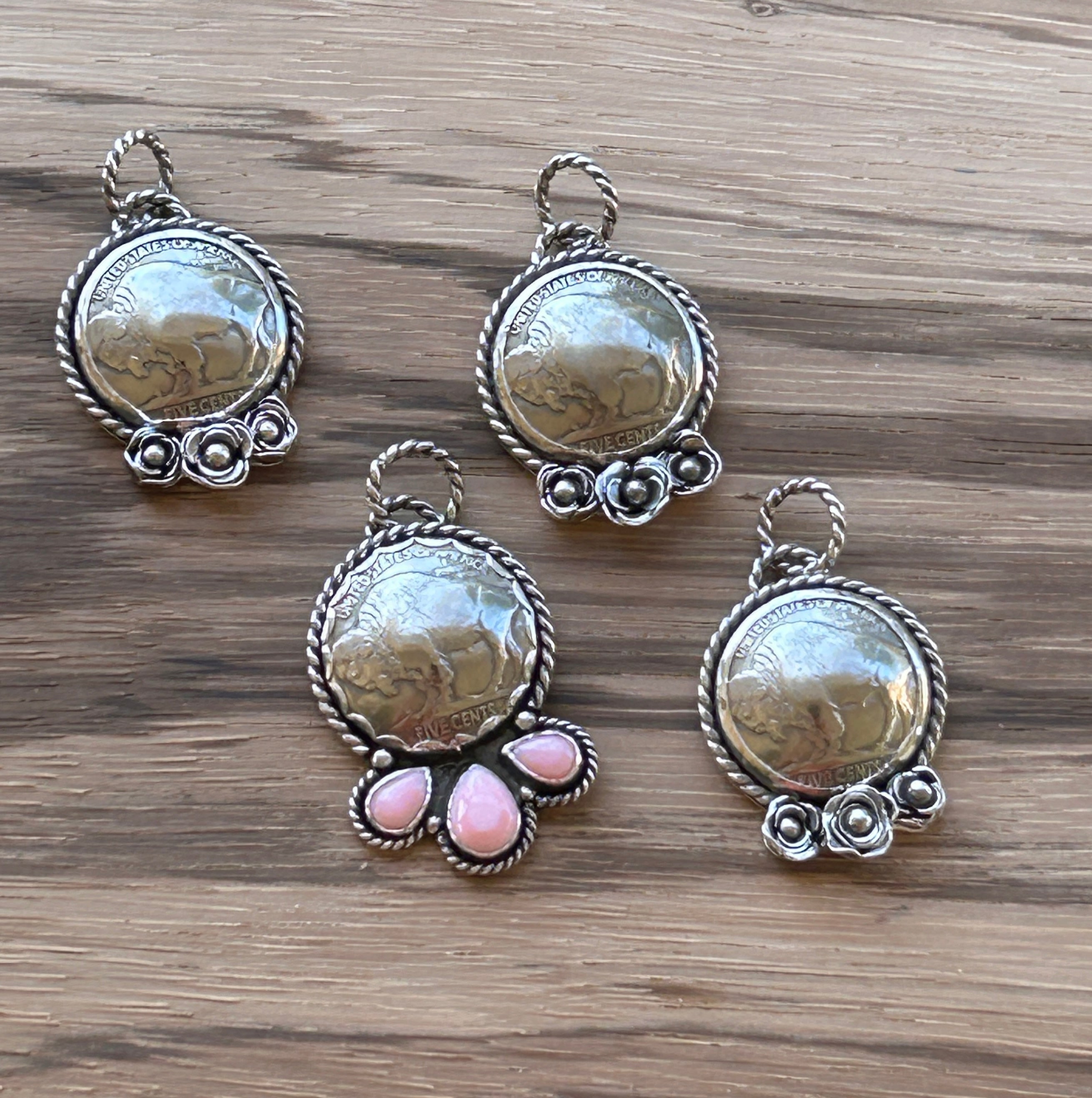Buffalo nickel and pink conch pendant