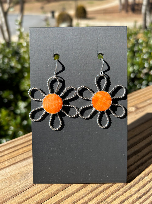 Crazy Daisy Orange Spiny and Sterling Silver Earrings