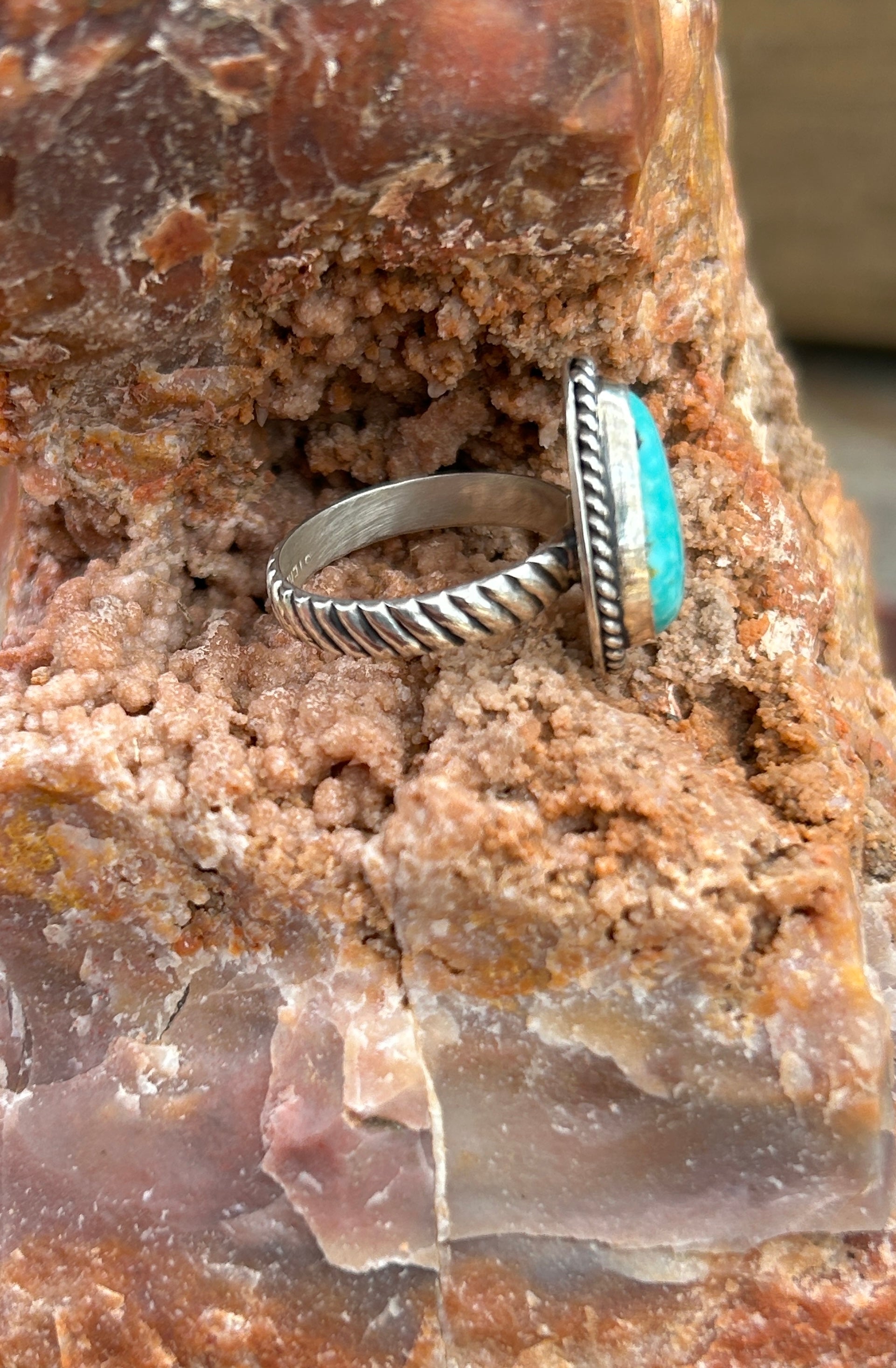 Handmade Sonoran Turquoise Ring, Teardrop Sterling Silver, Size 6.75