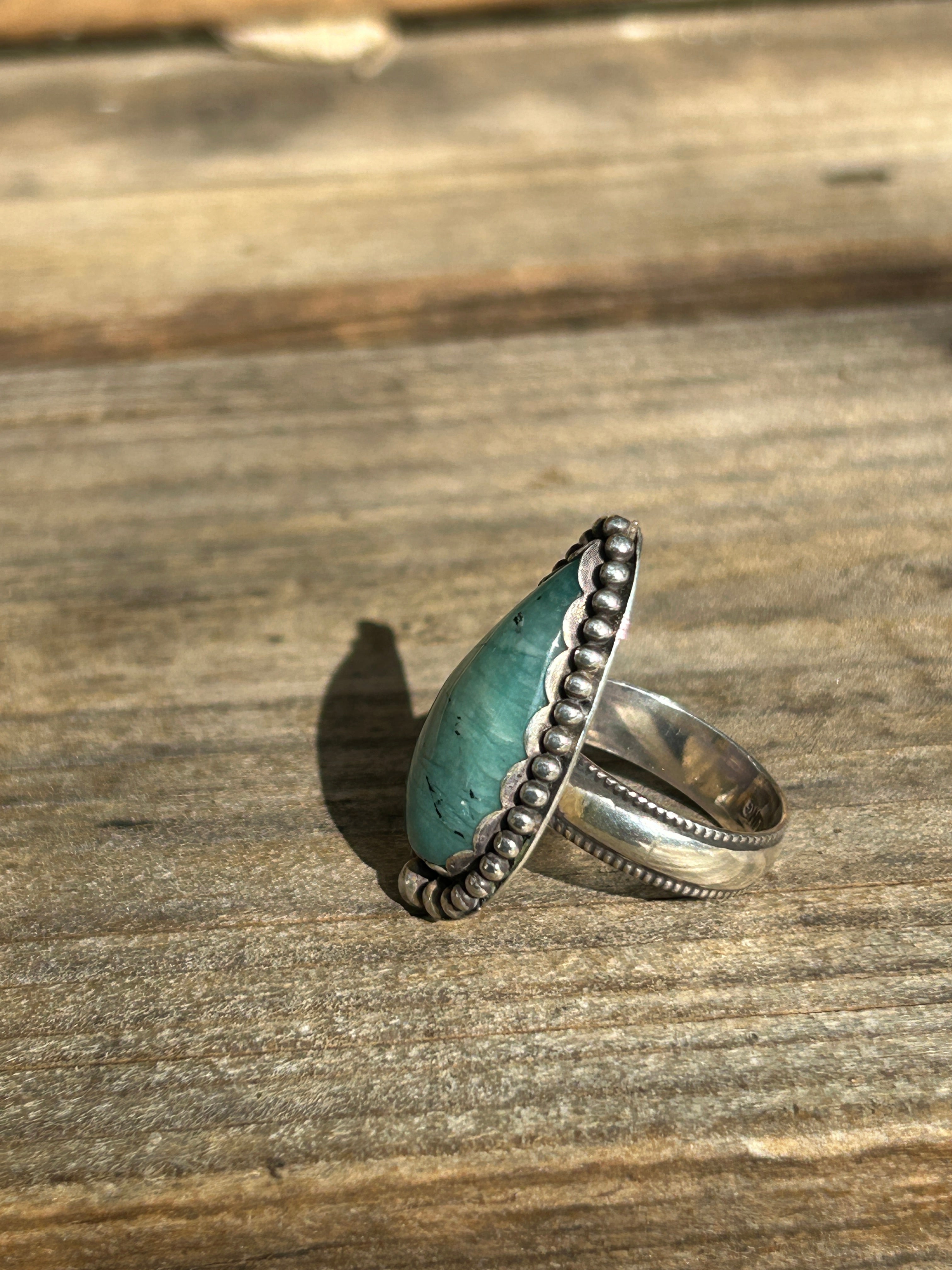 Turquoise Amazonite Sterling Silver Ring, Handmade Beaded Band (Size 8)