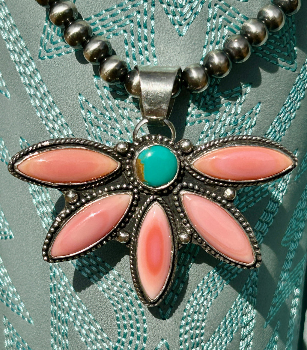 Pink Conch and Turquoise half cluster flower pendant