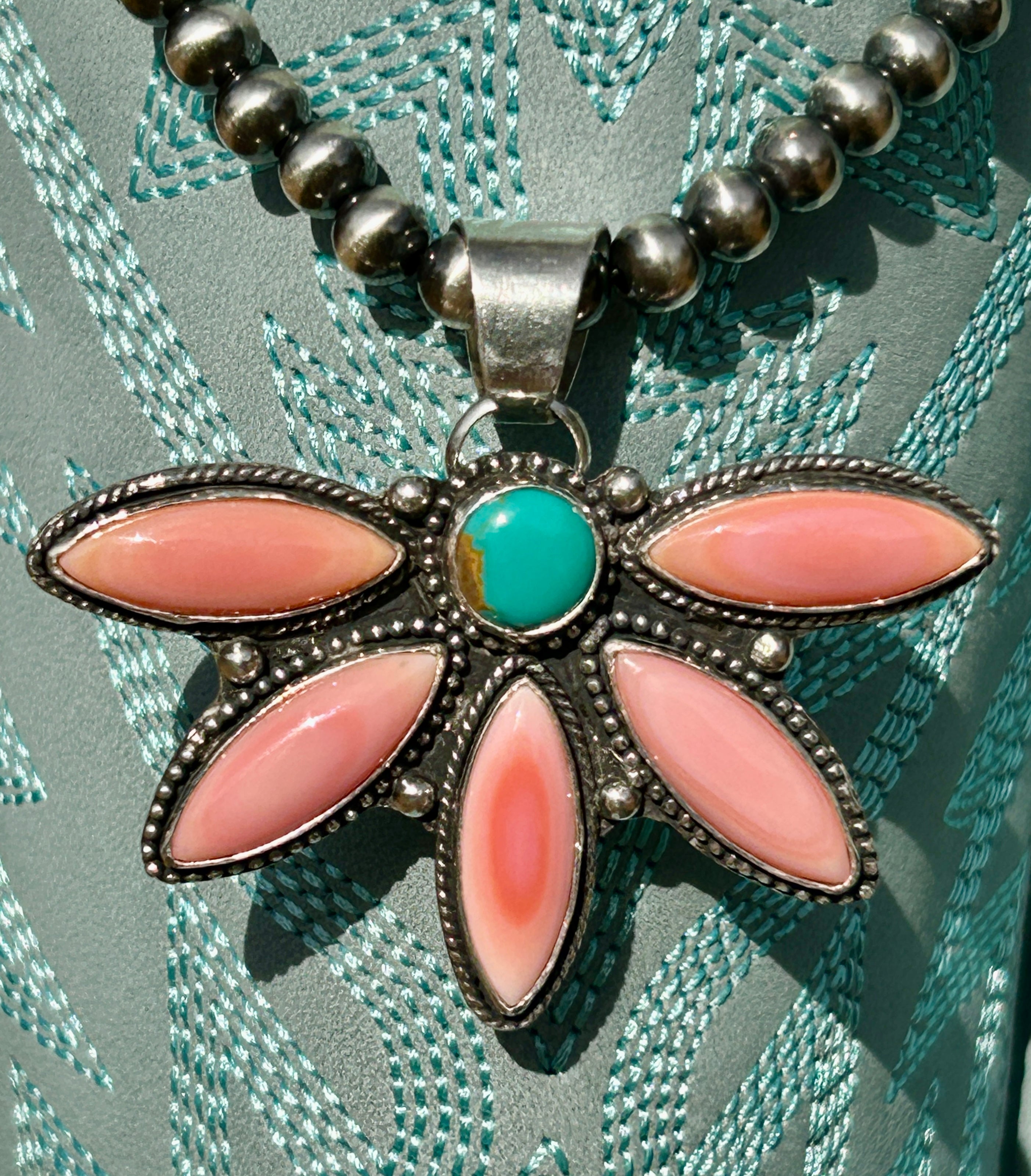 Pink Conch and Turquoise half cluster flower pendant