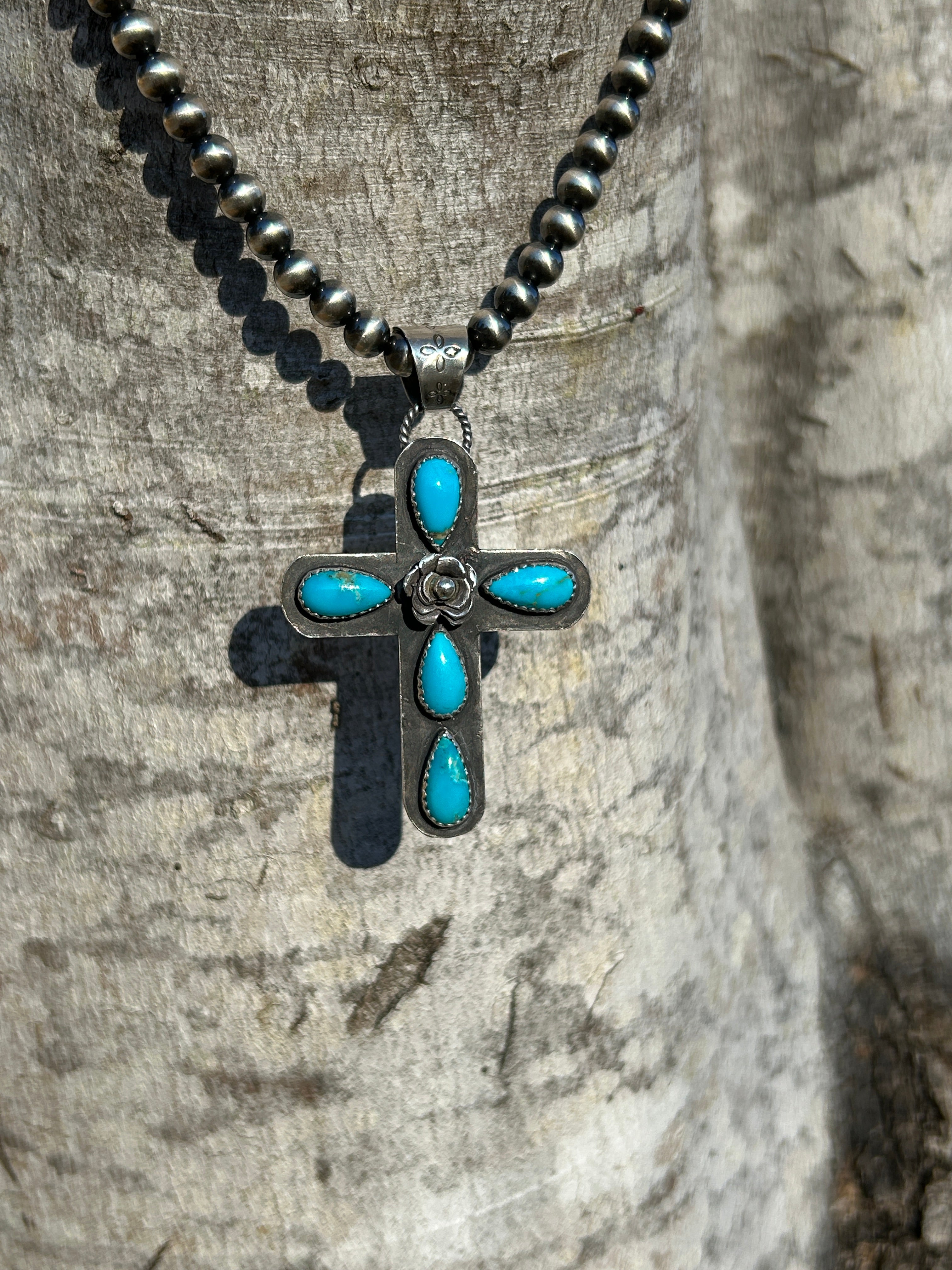Sterling Silver and Turquoise Cross Pendant with Rustic Rose Detail