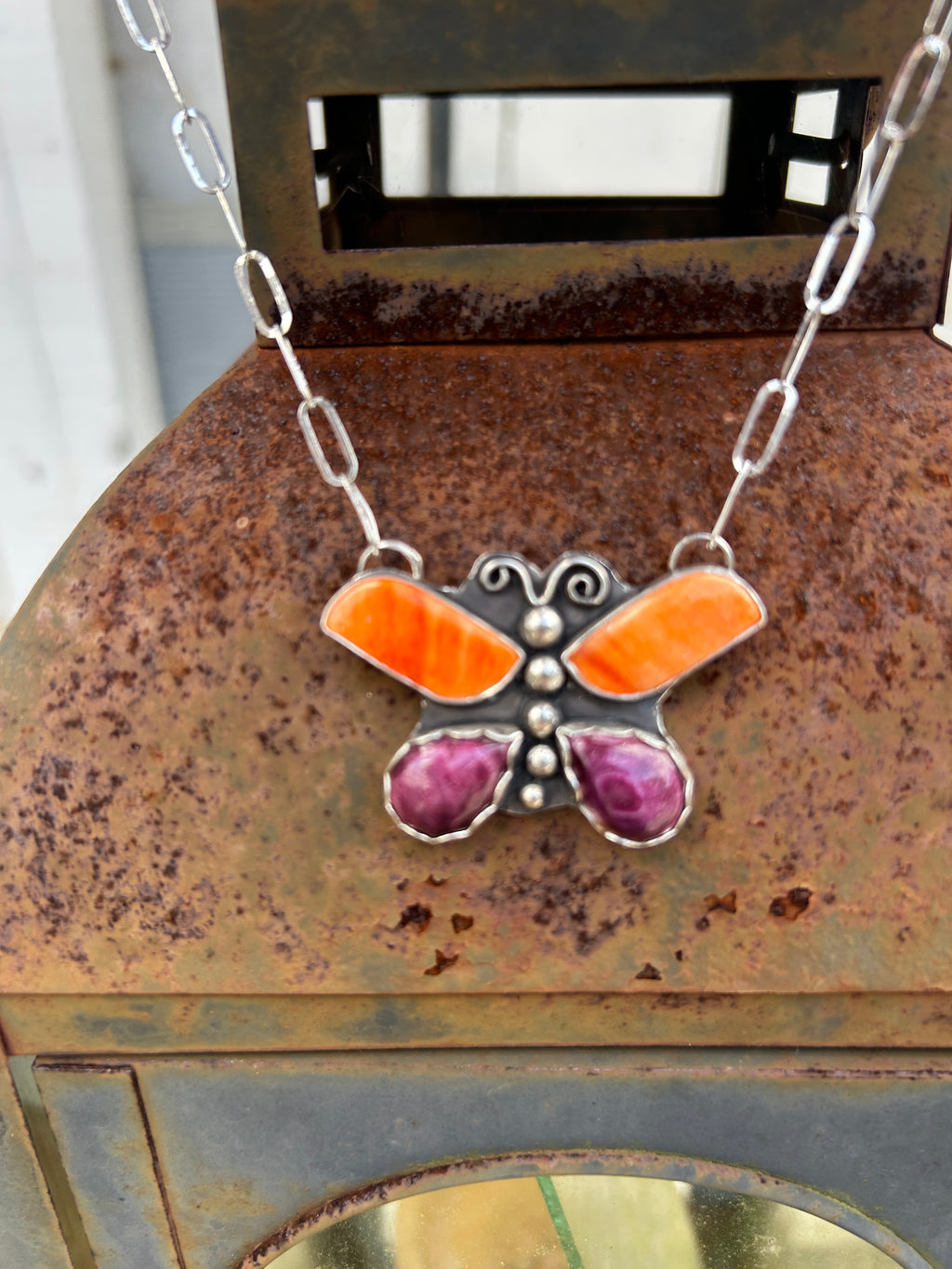 Purple and Orange Spiny Shell Butterfly Necklace