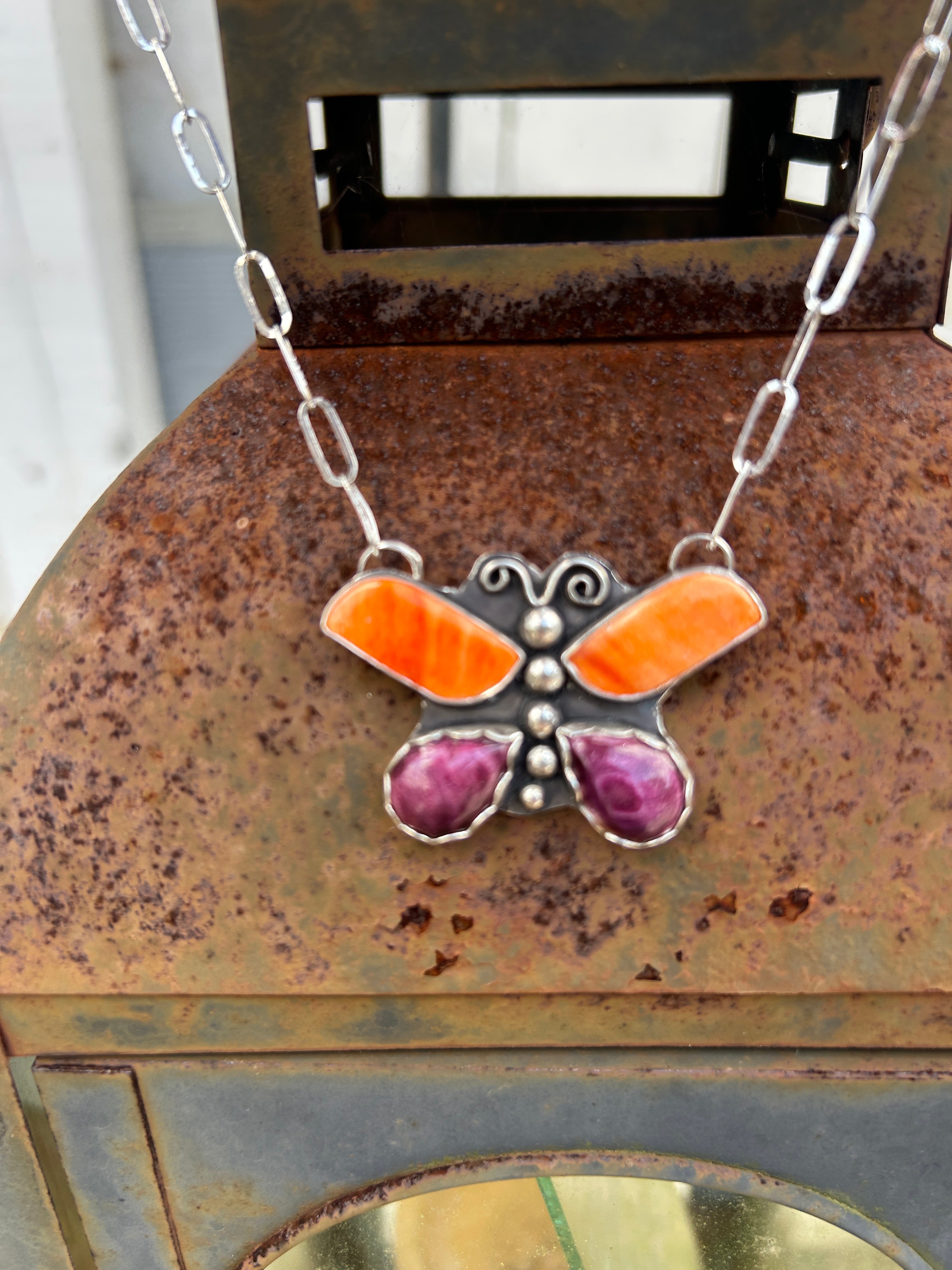 Purple and Orange Spiny Shell Butterfly Necklace