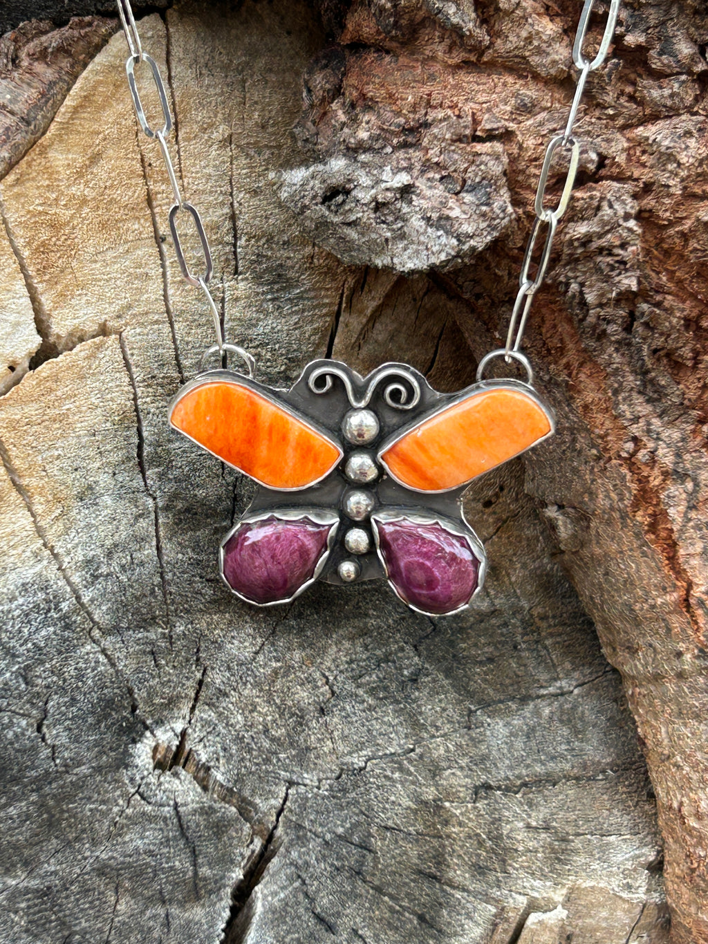 Purple and Orange Spiny Shell Butterfly Necklace