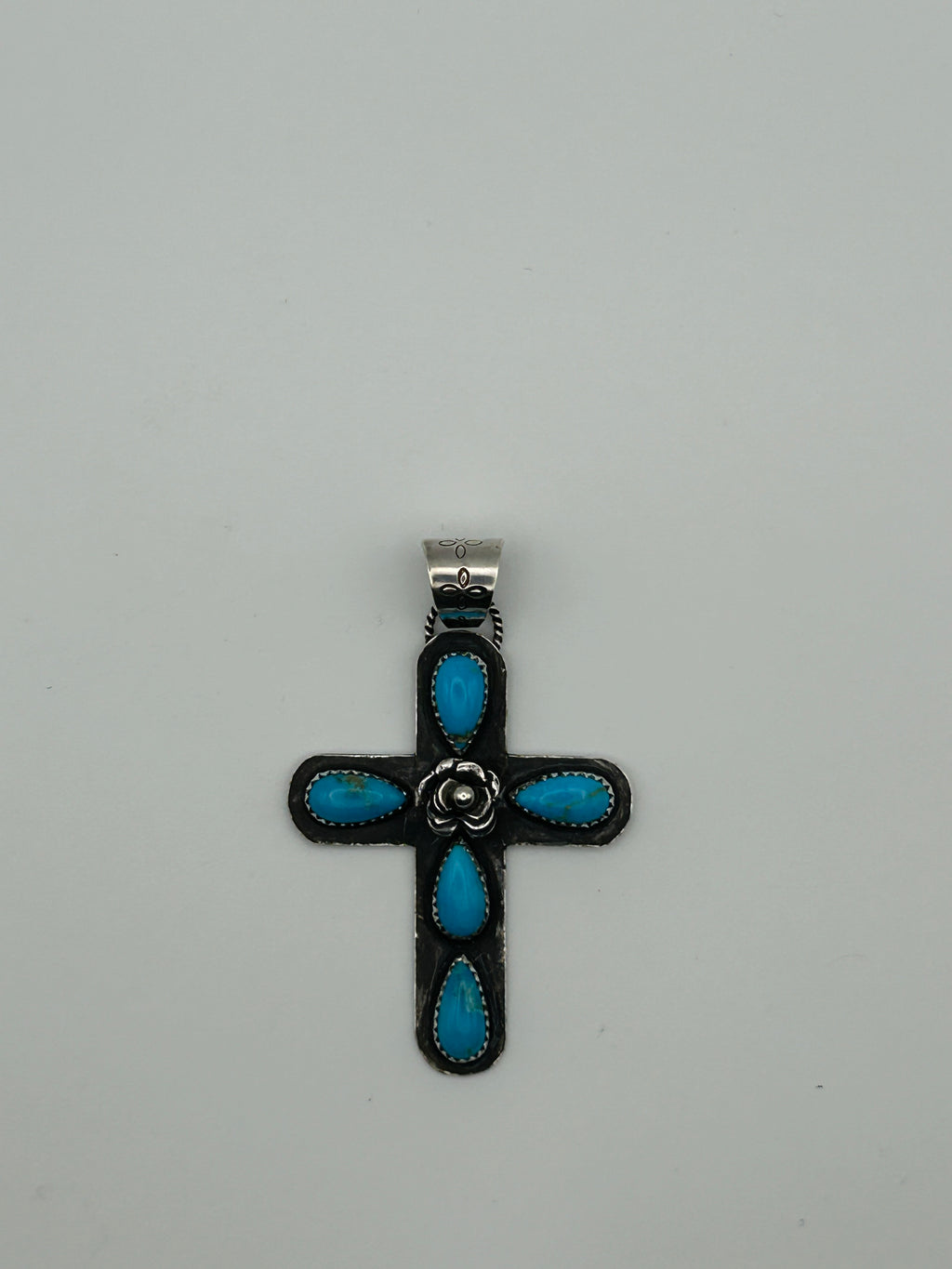 Sterling Silver and Turquoise Cross Pendant with Rustic Rose Detail