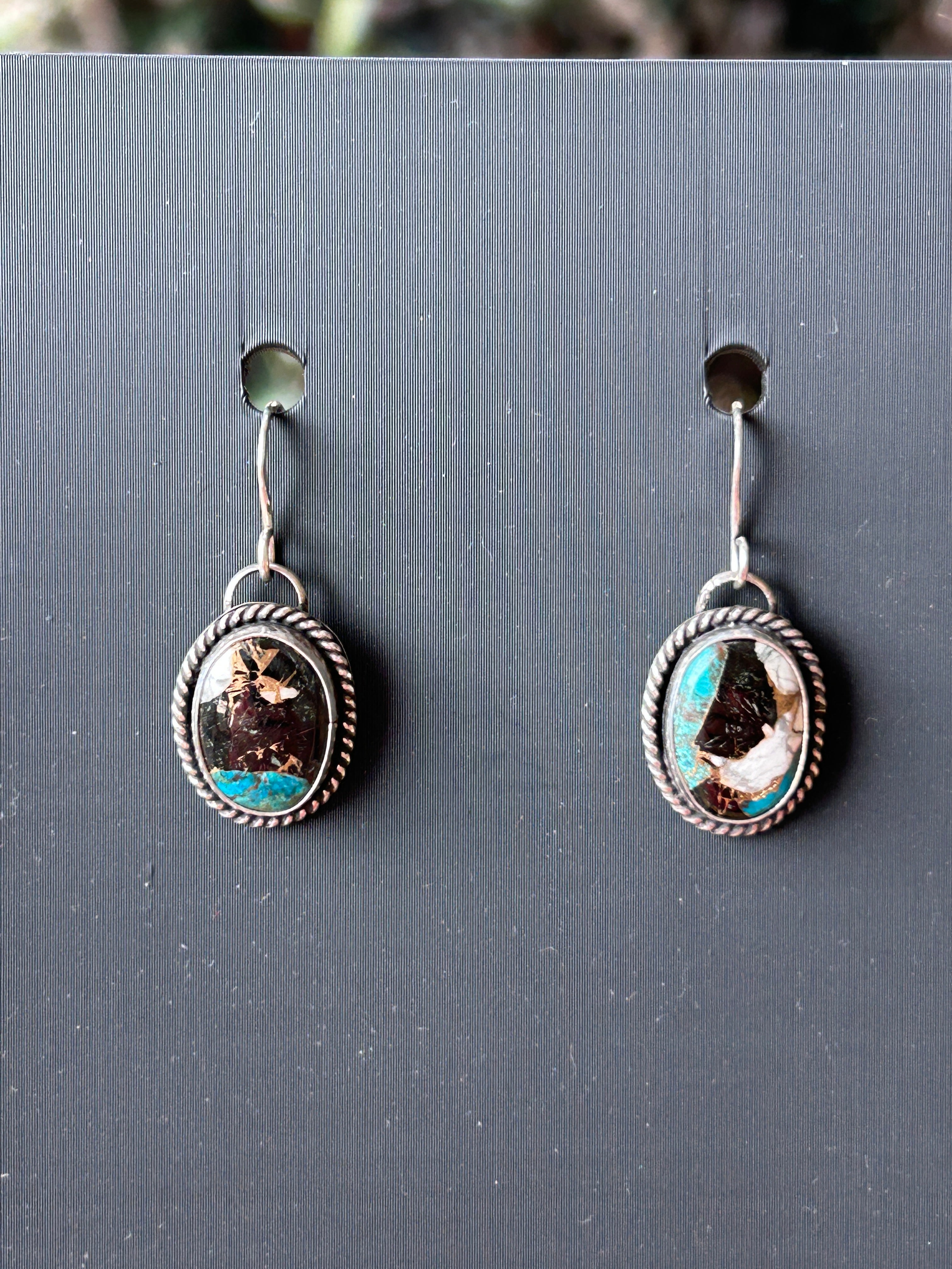White buffalo, copper and turquoise in Sterling Silver dangle earrings