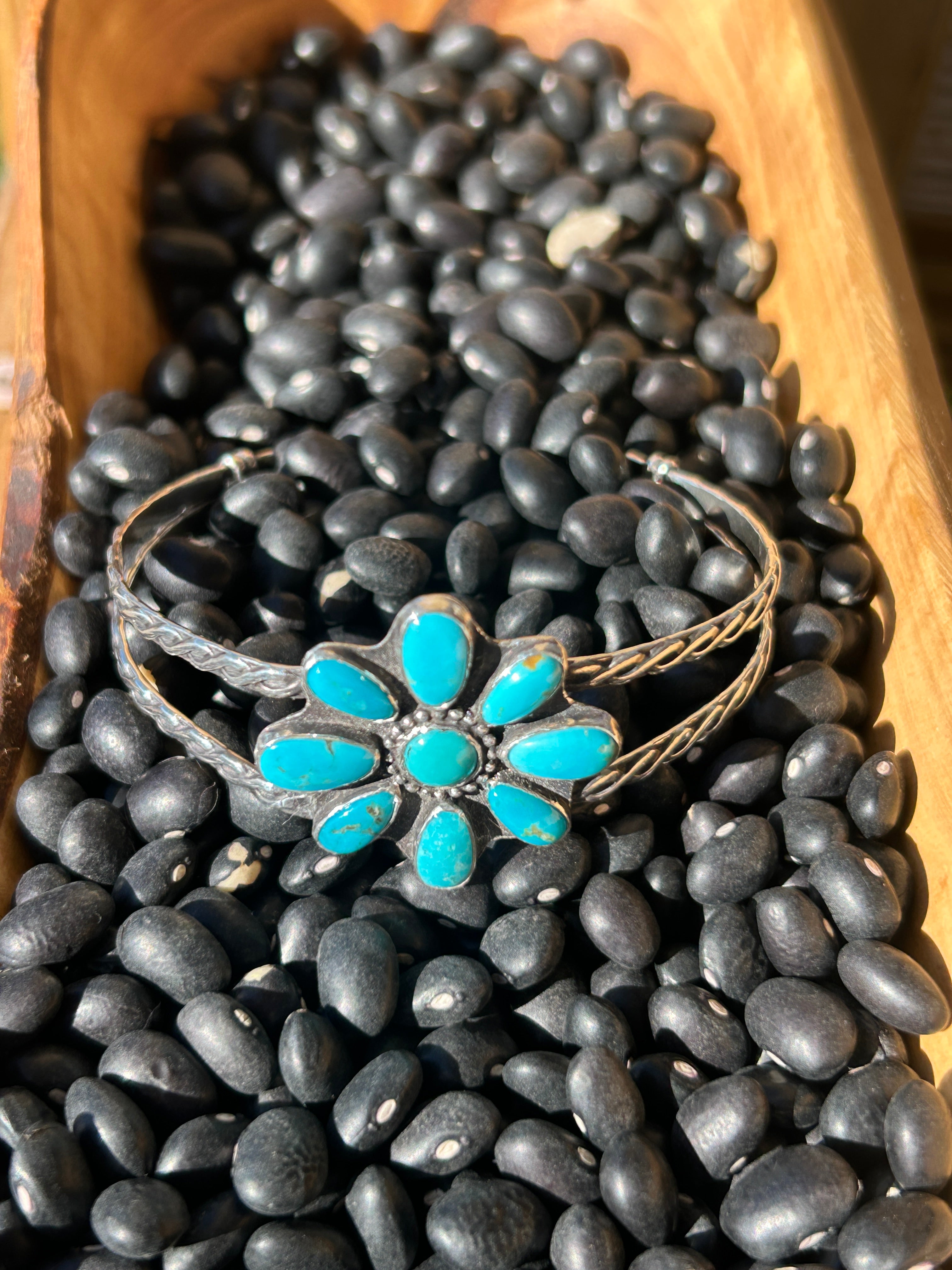 Turquoise and Sterling Silver Flower Cuff
