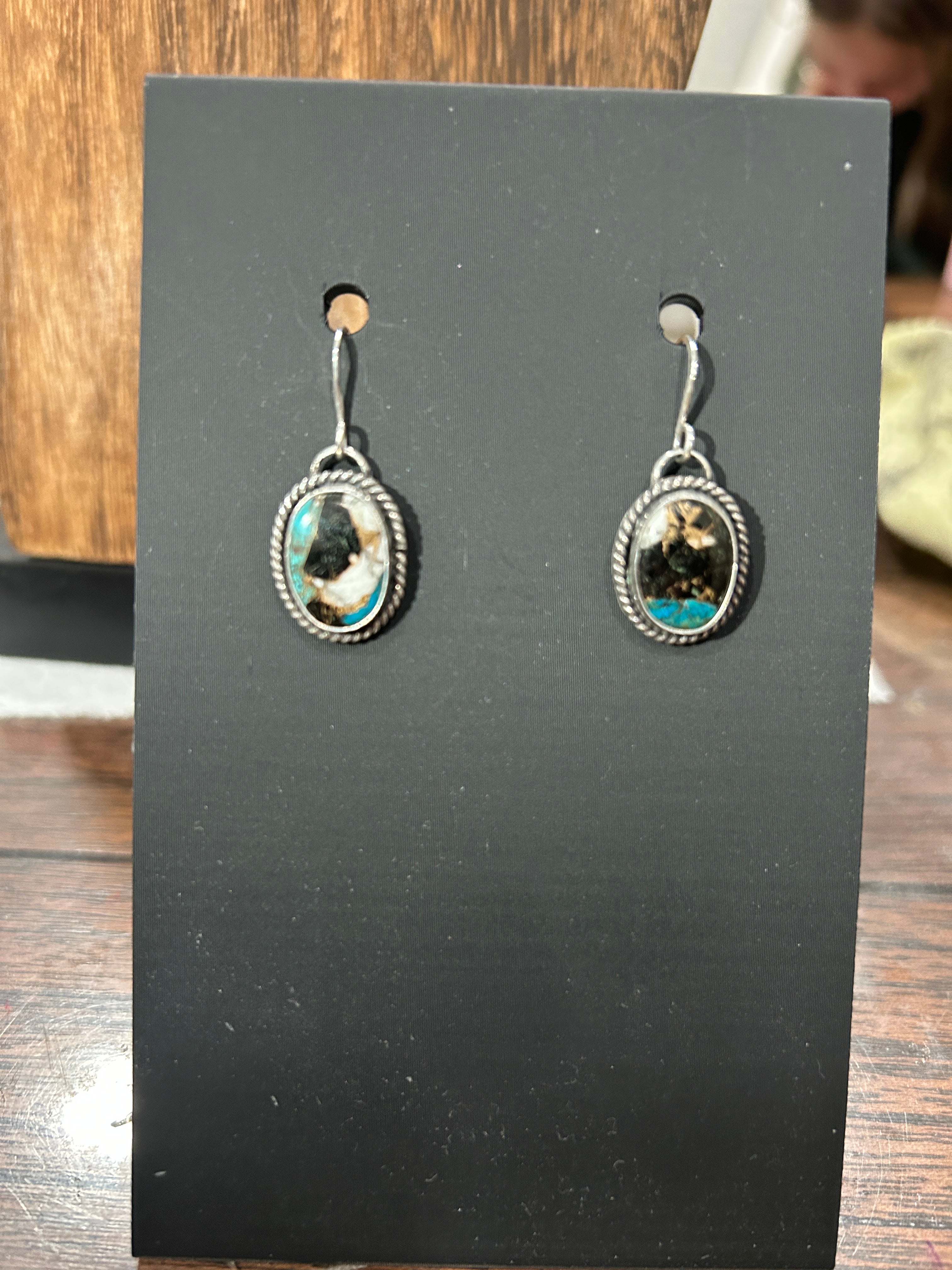 White buffalo, copper and turquoise in Sterling Silver dangle earrings