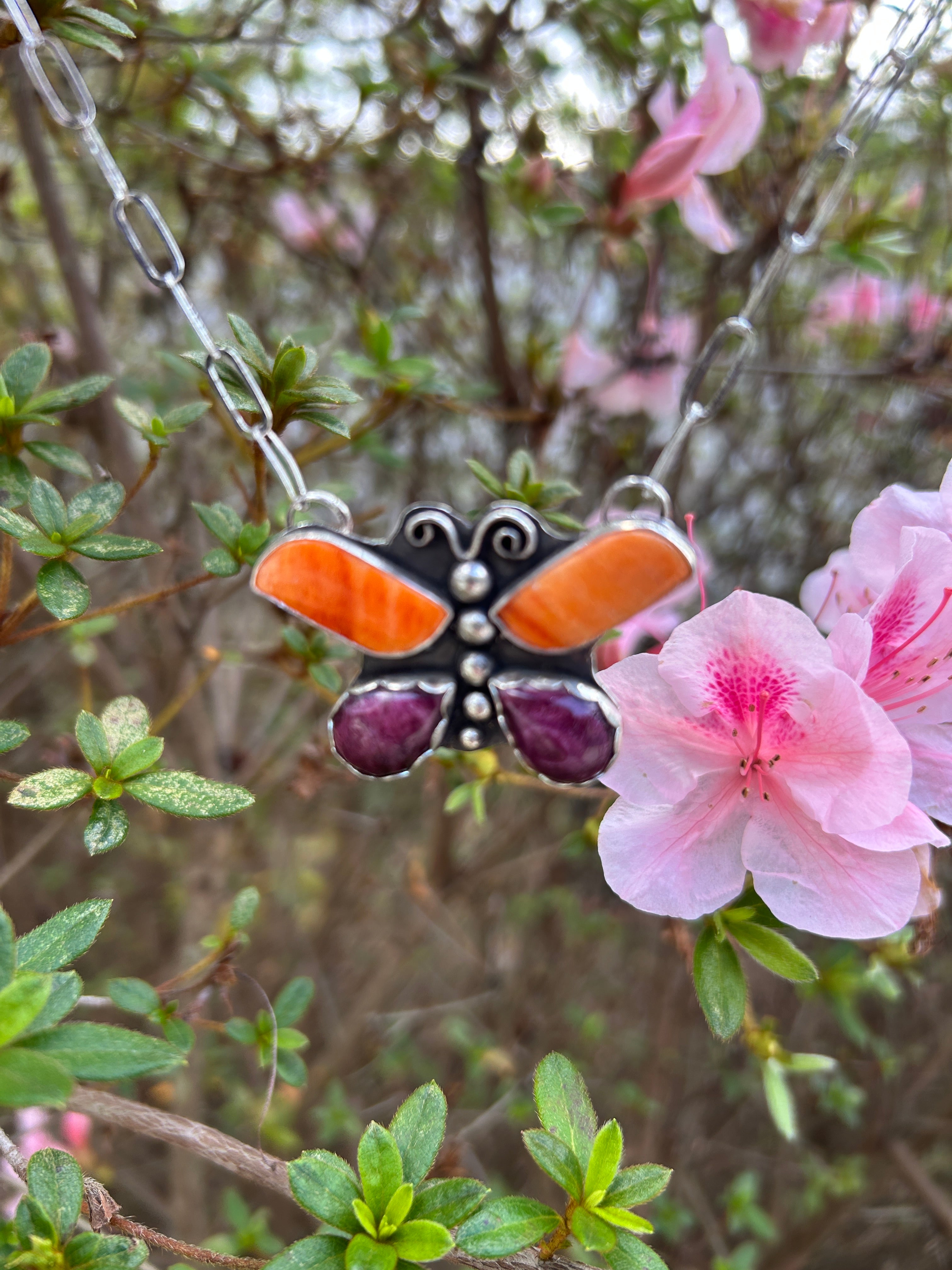 Purple and Orange Spiny Shell Butterfly Necklace