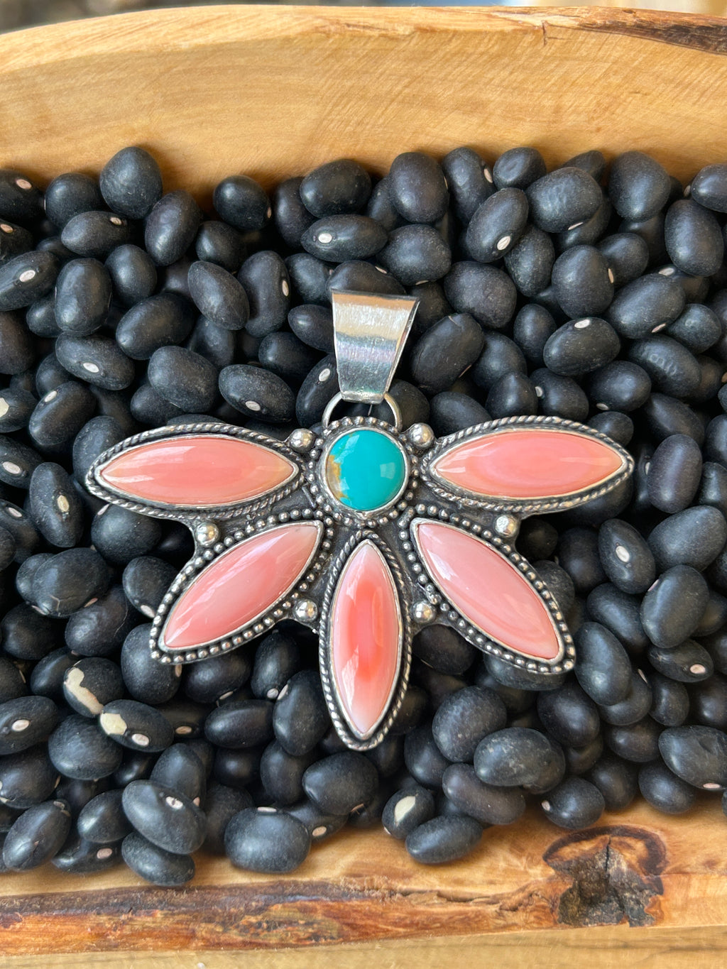 Pink Conch and Turquoise half cluster flower pendant