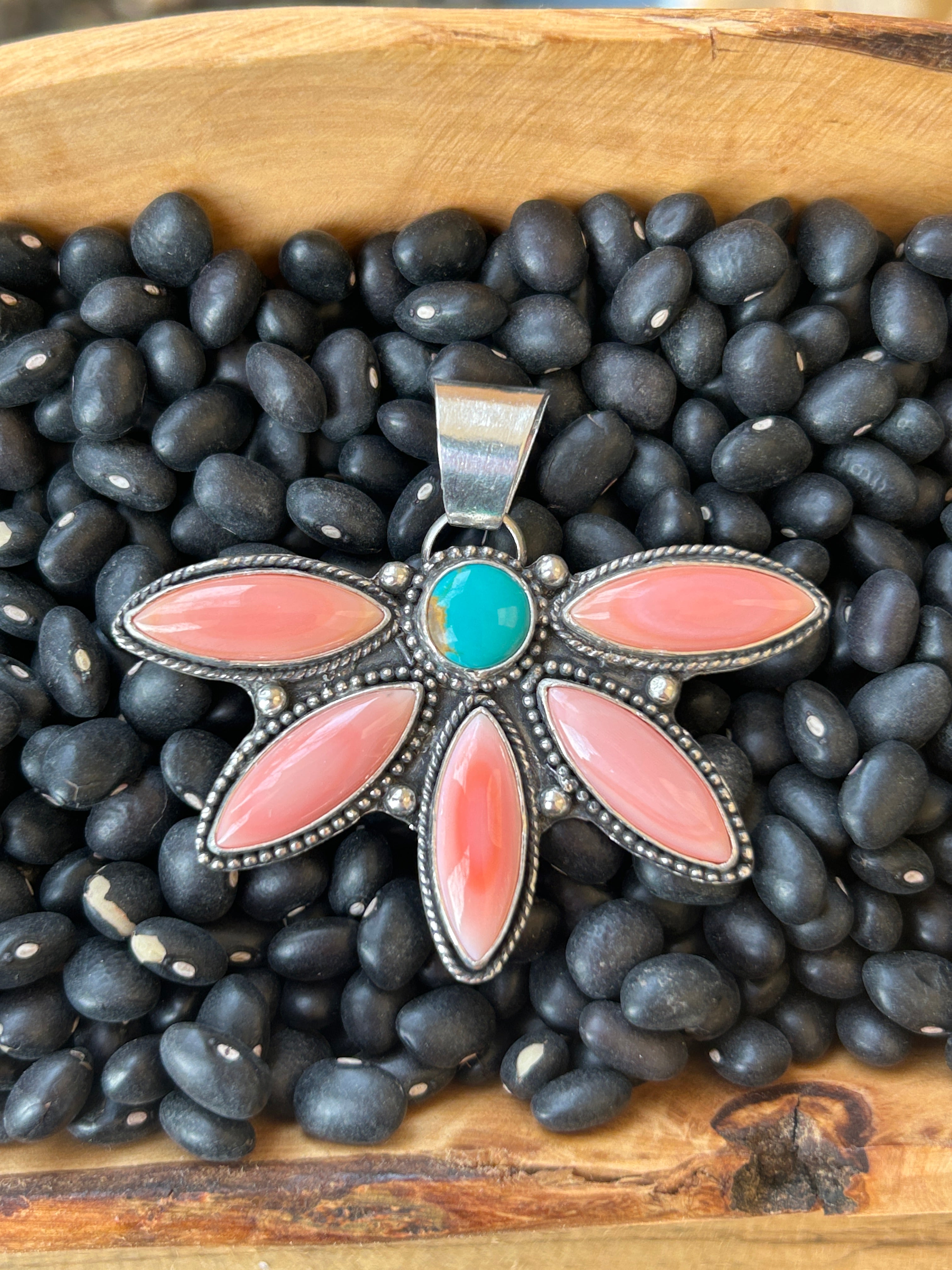 Pink Conch and Turquoise half cluster flower pendant
