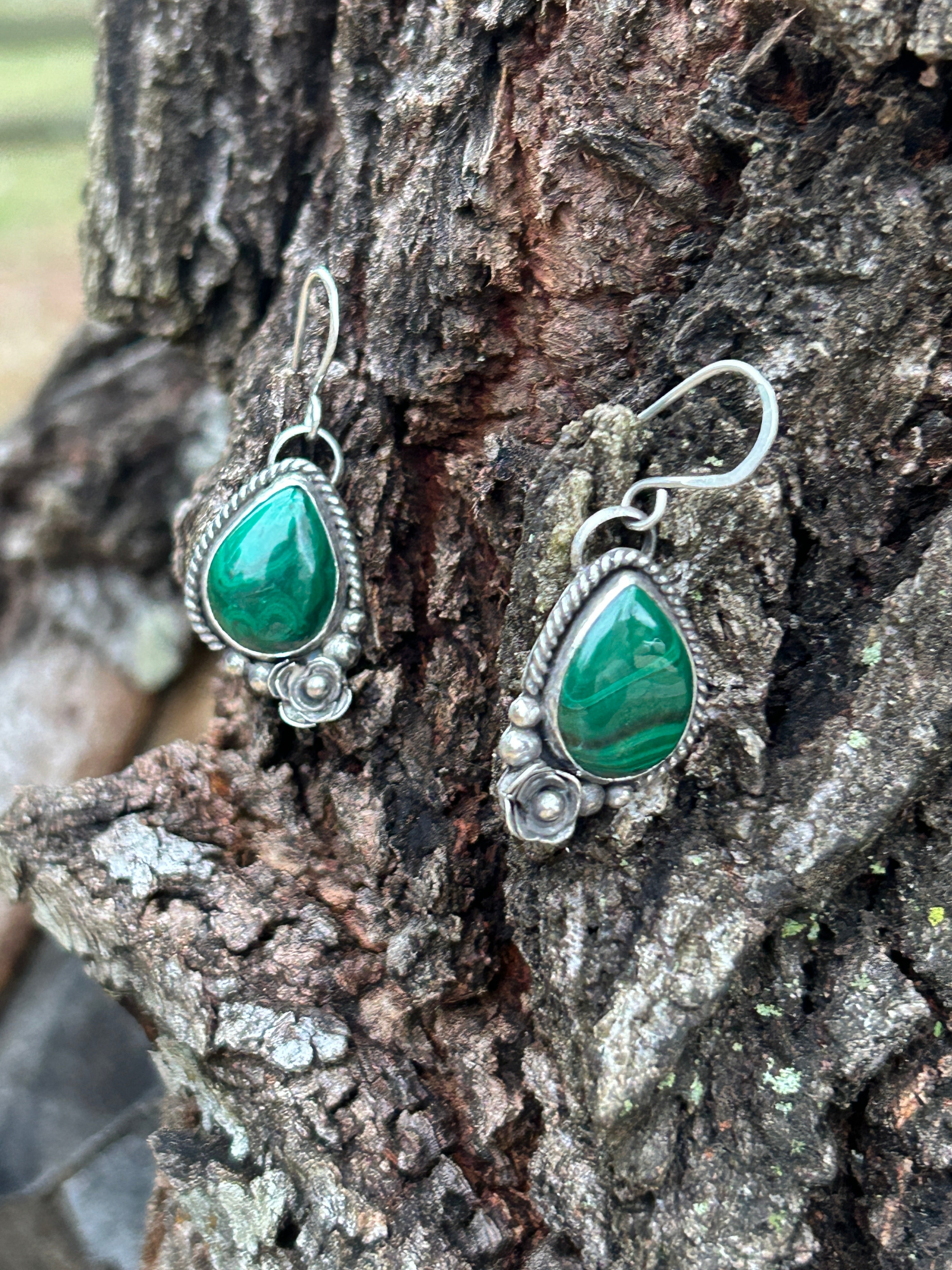 Green Malachite And Sterling Silver Dangle Earrings