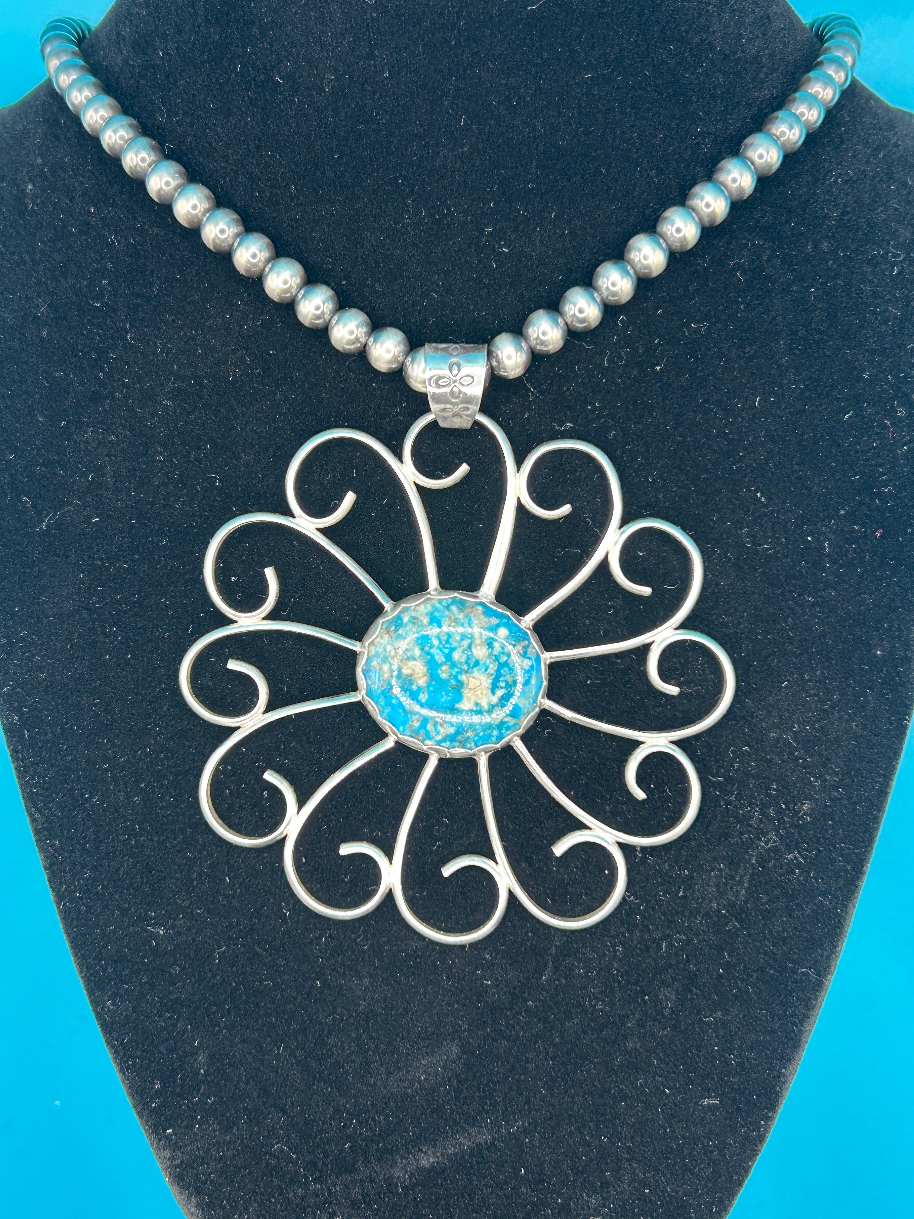 Large Turquoise and Sterling Flower Pendant