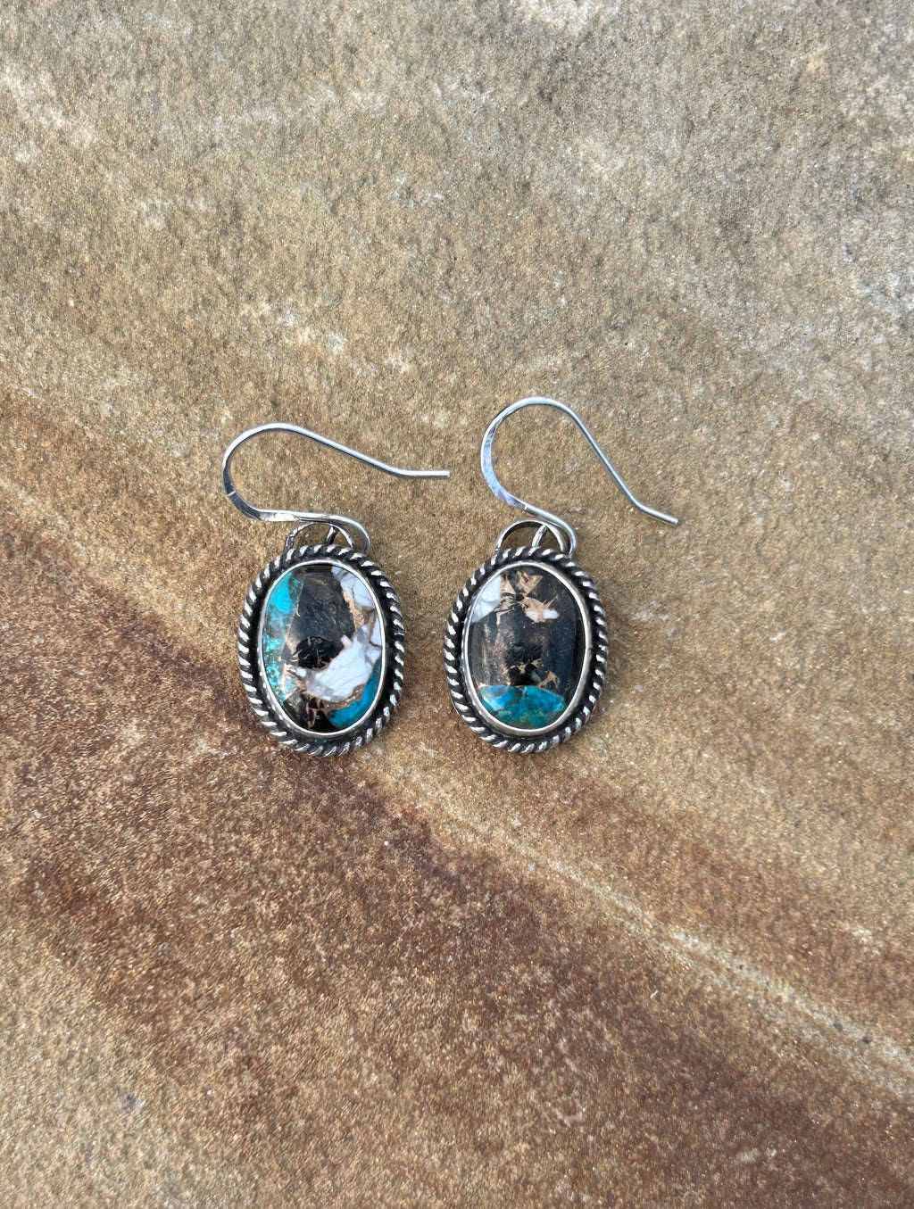 White buffalo, copper and turquoise in Sterling Silver dangle earrings