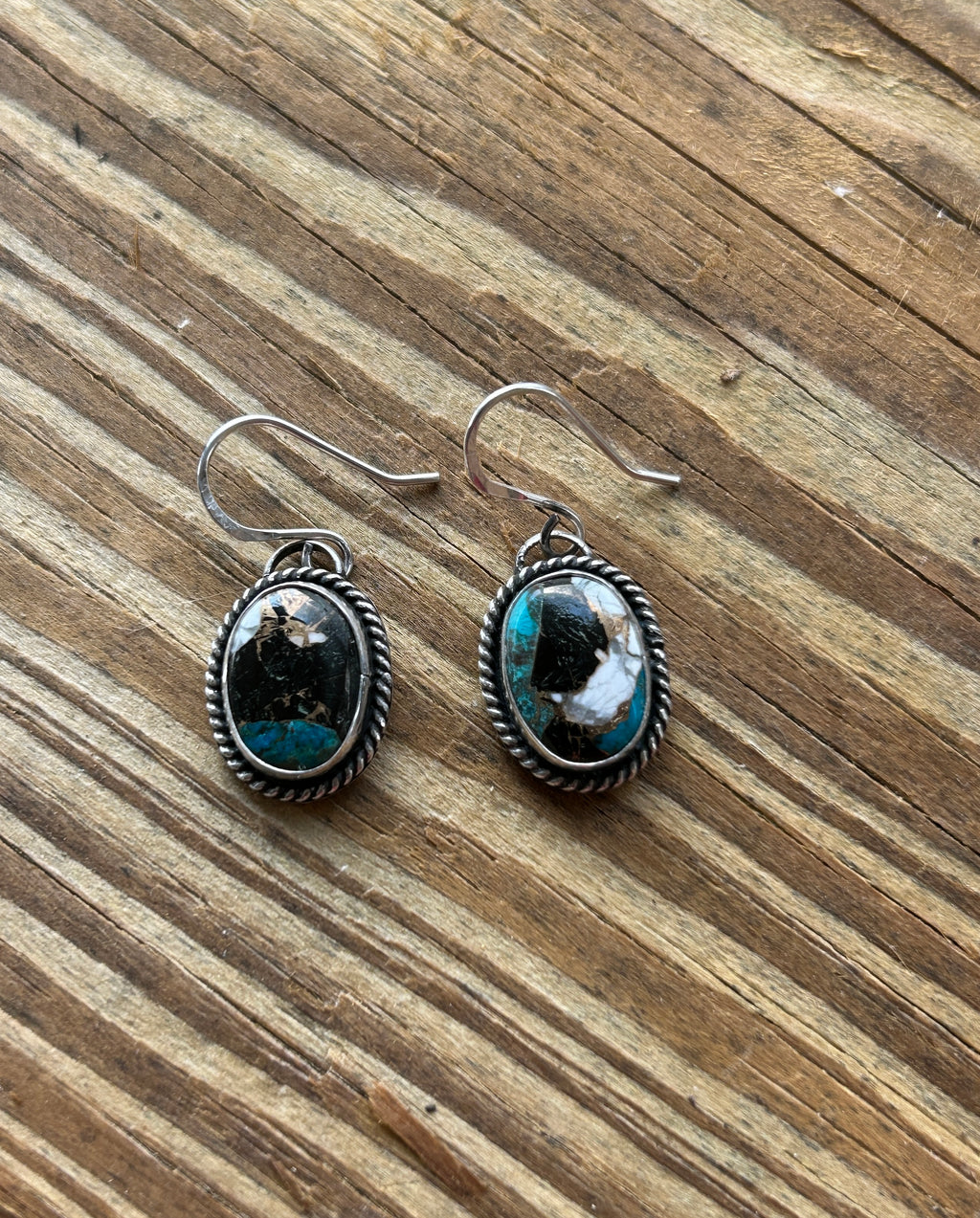 White buffalo, copper and turquoise in Sterling Silver dangle earrings