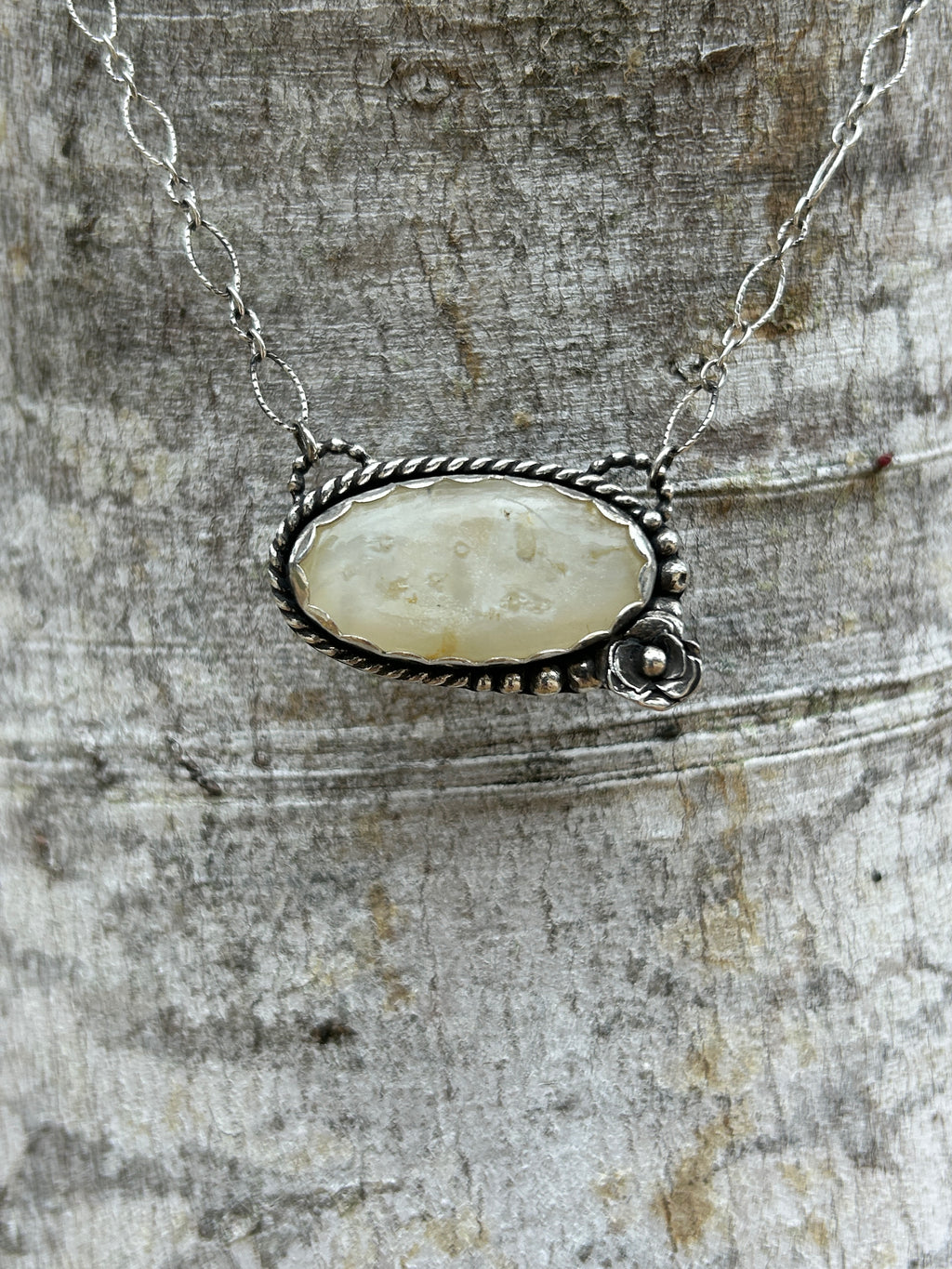 White dendritic opal sterling silver necklace