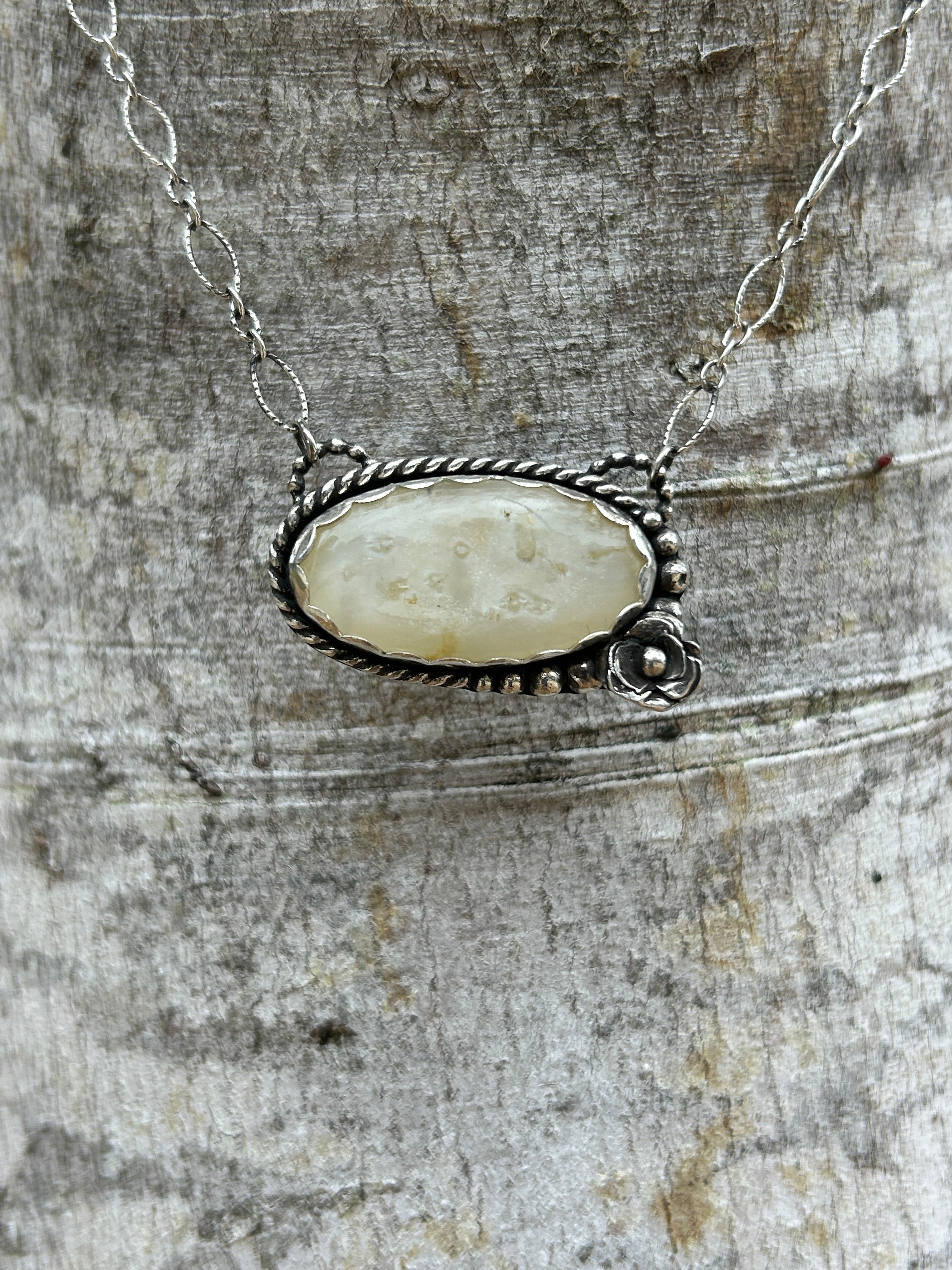 White dendritic opal sterling silver necklace