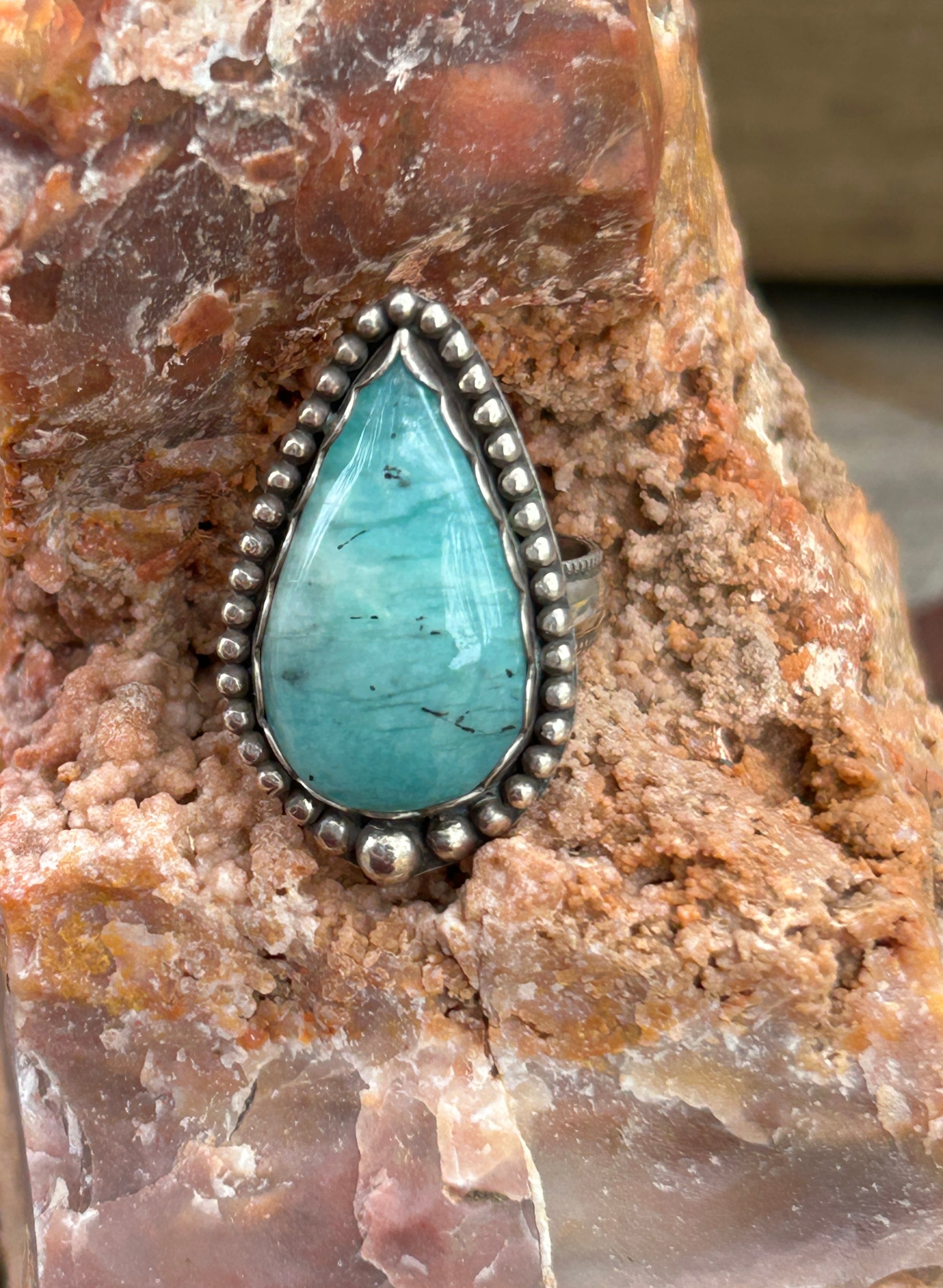 Turquoise Amazonite Sterling Silver Ring, Handmade Beaded Band (Size 8)
