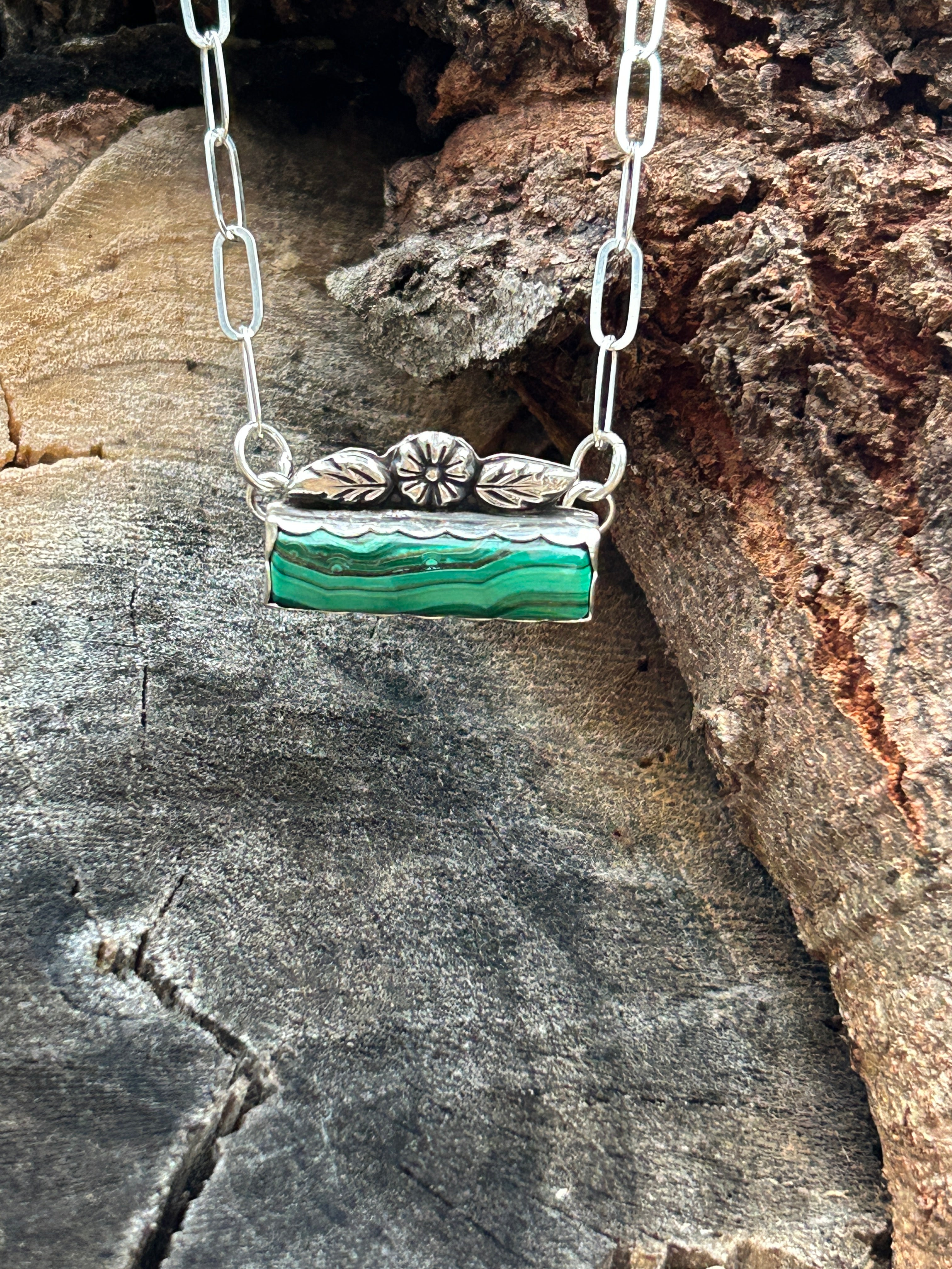 Green Malachite and Sterling Silver Bar Necklace