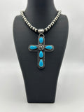 Sterling Silver and Turquoise Cross Pendant with Rustic Rose Detail