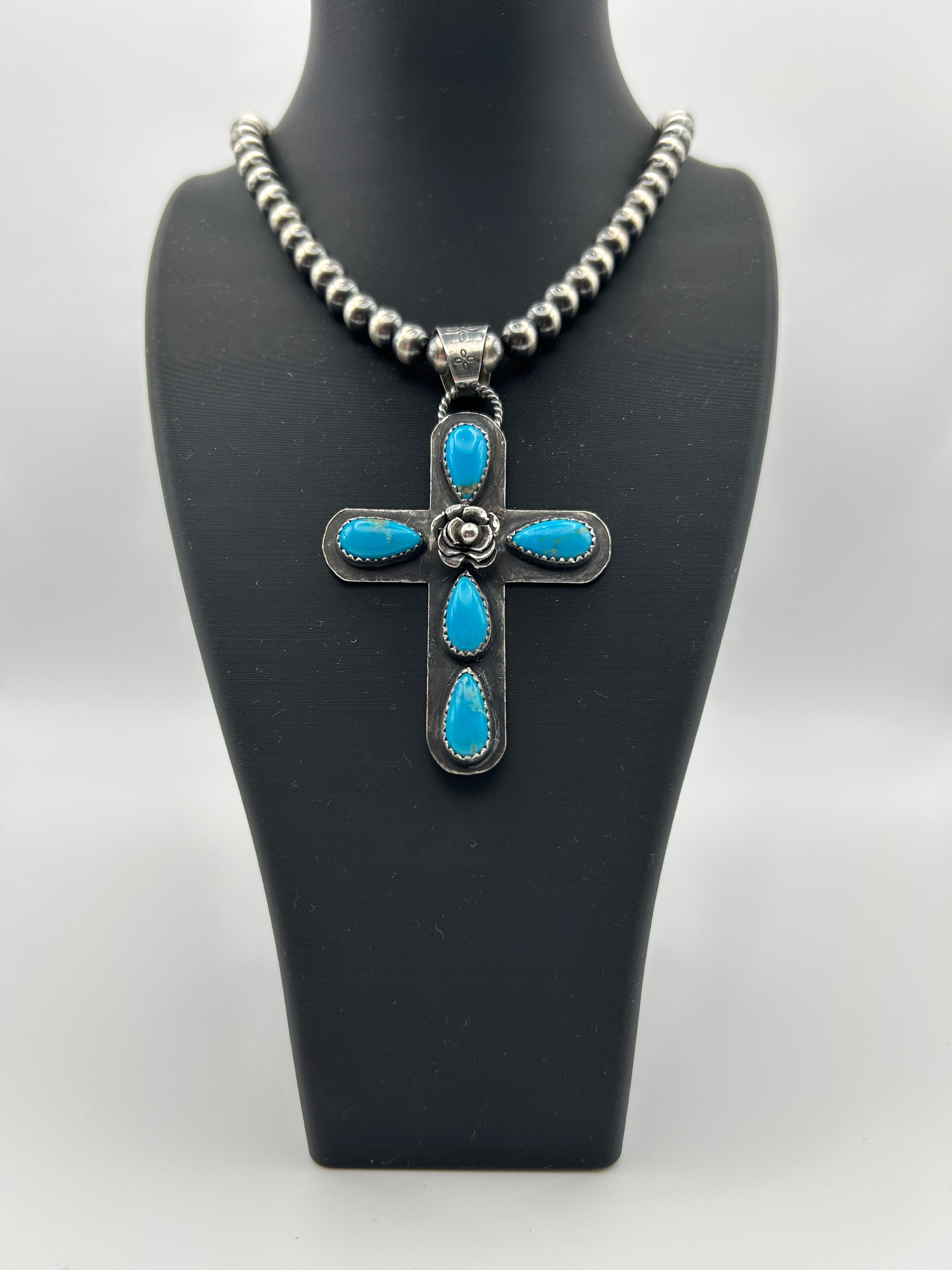 Sterling Silver and Turquoise Cross Pendant with Rustic Rose Detail